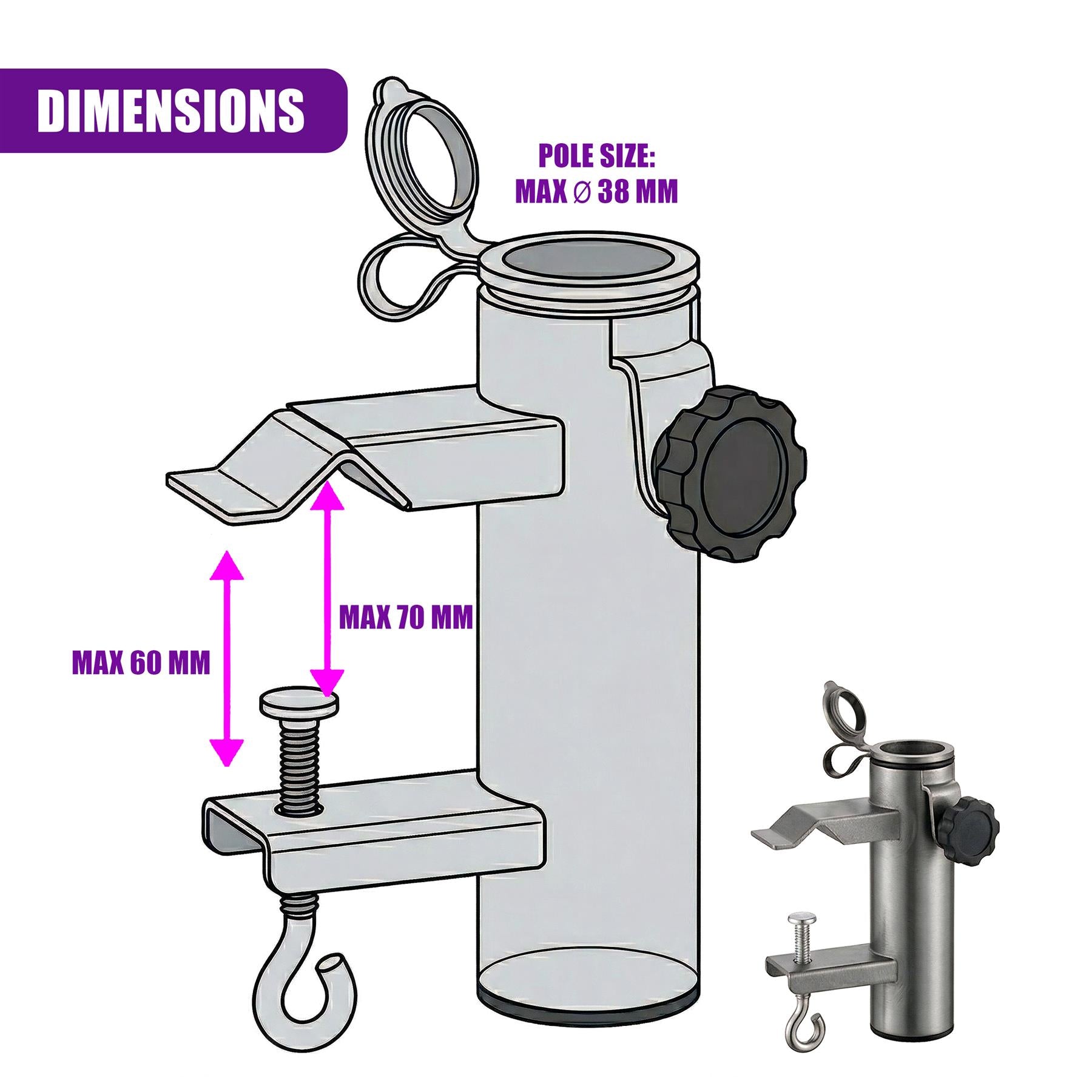 Technical diagram illustrating the dimensions of a multi-bracket metal pole clamp assembly.