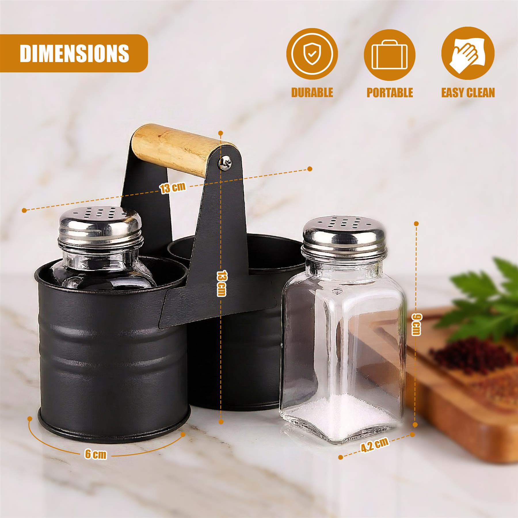 A set of condiment bottles with a metal holder, featuring a wooden handle and a black finish. The bottles are made of glass with metal lids and have a salt and pepper design. - The Magic Toy Shop