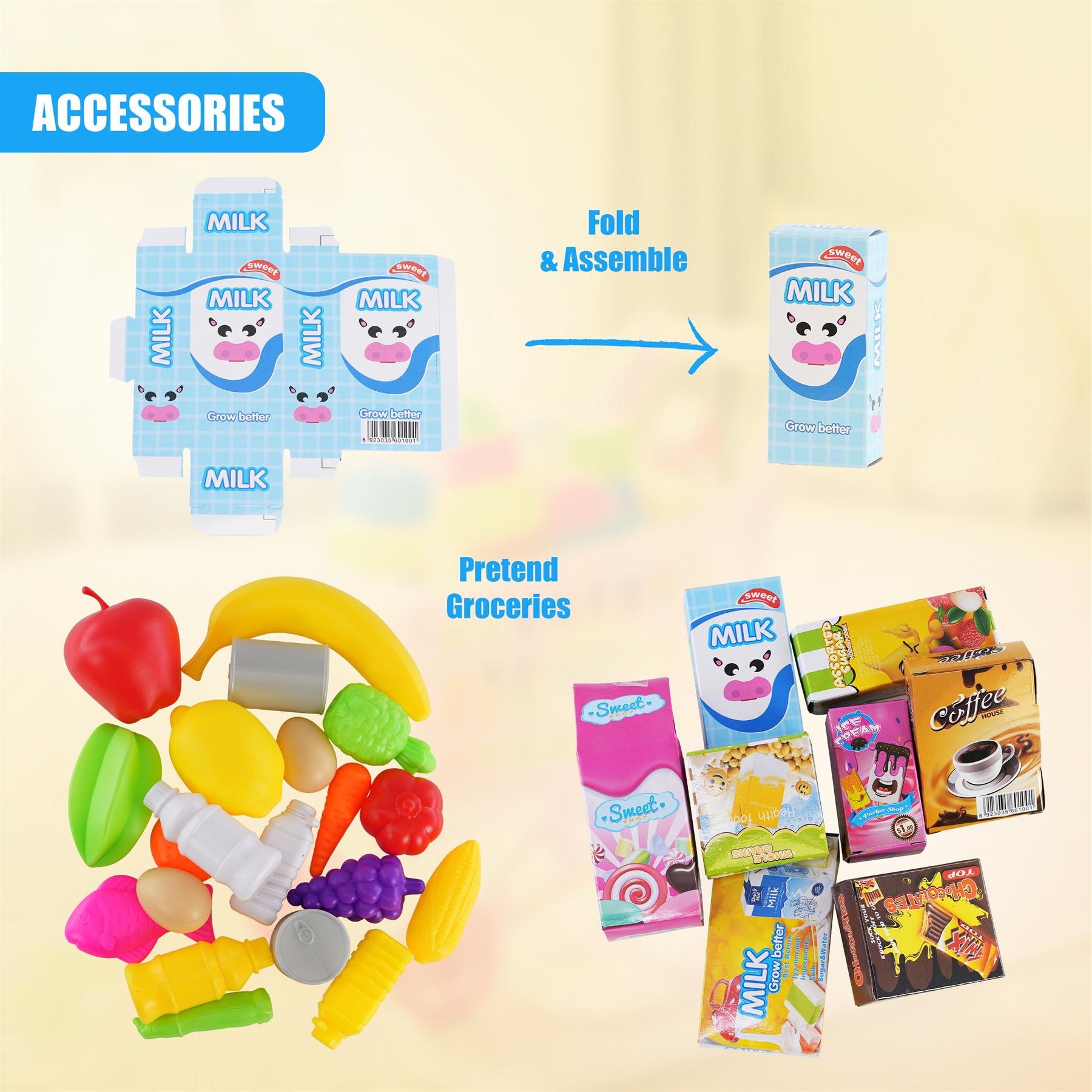 "A blue shopping cart with a set of play food, including milk, candy, fruits, and vegetables." - The Magic Toy Shop