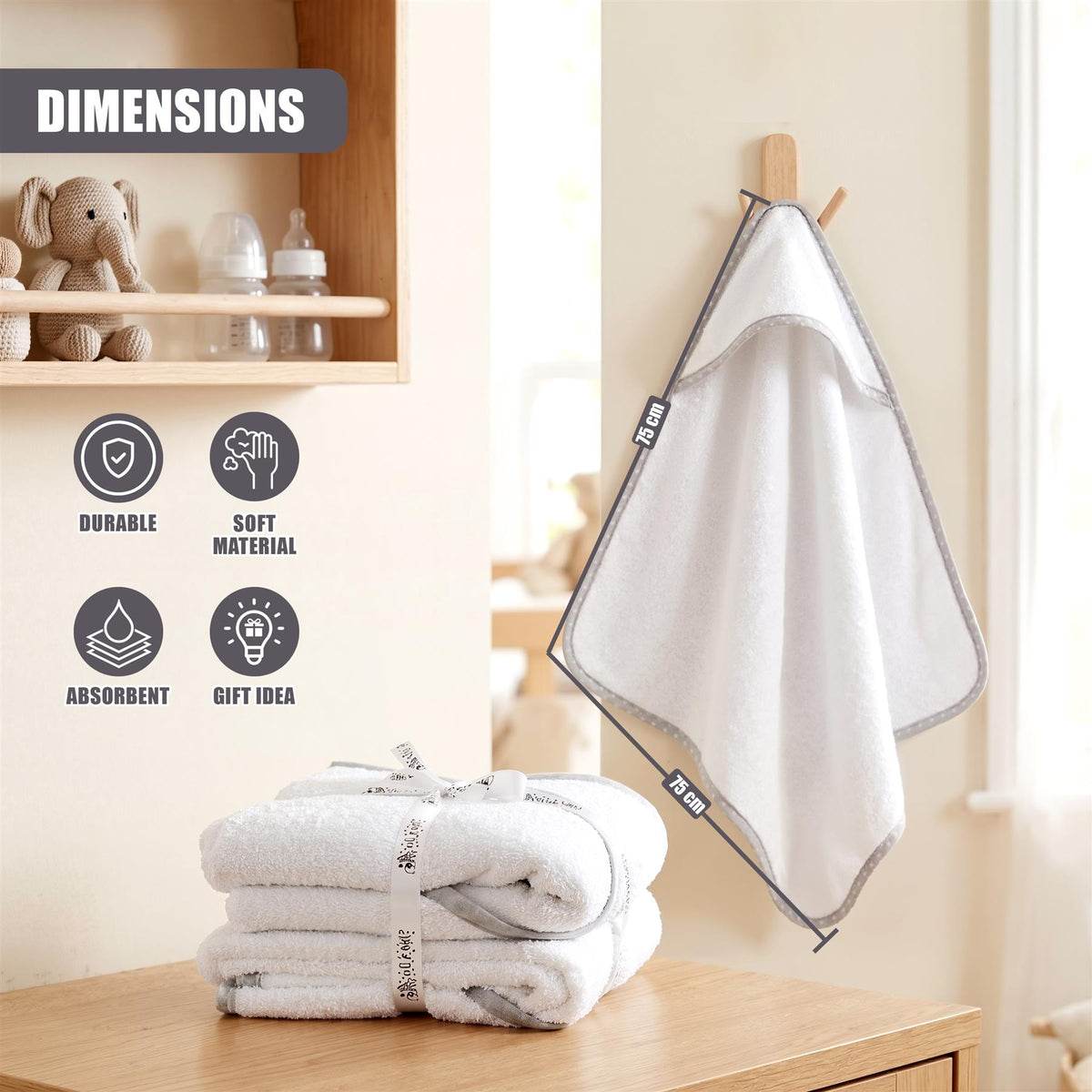 Pack of 2 GEEZY hooded baby bath towels displayed with absorbent and durable features