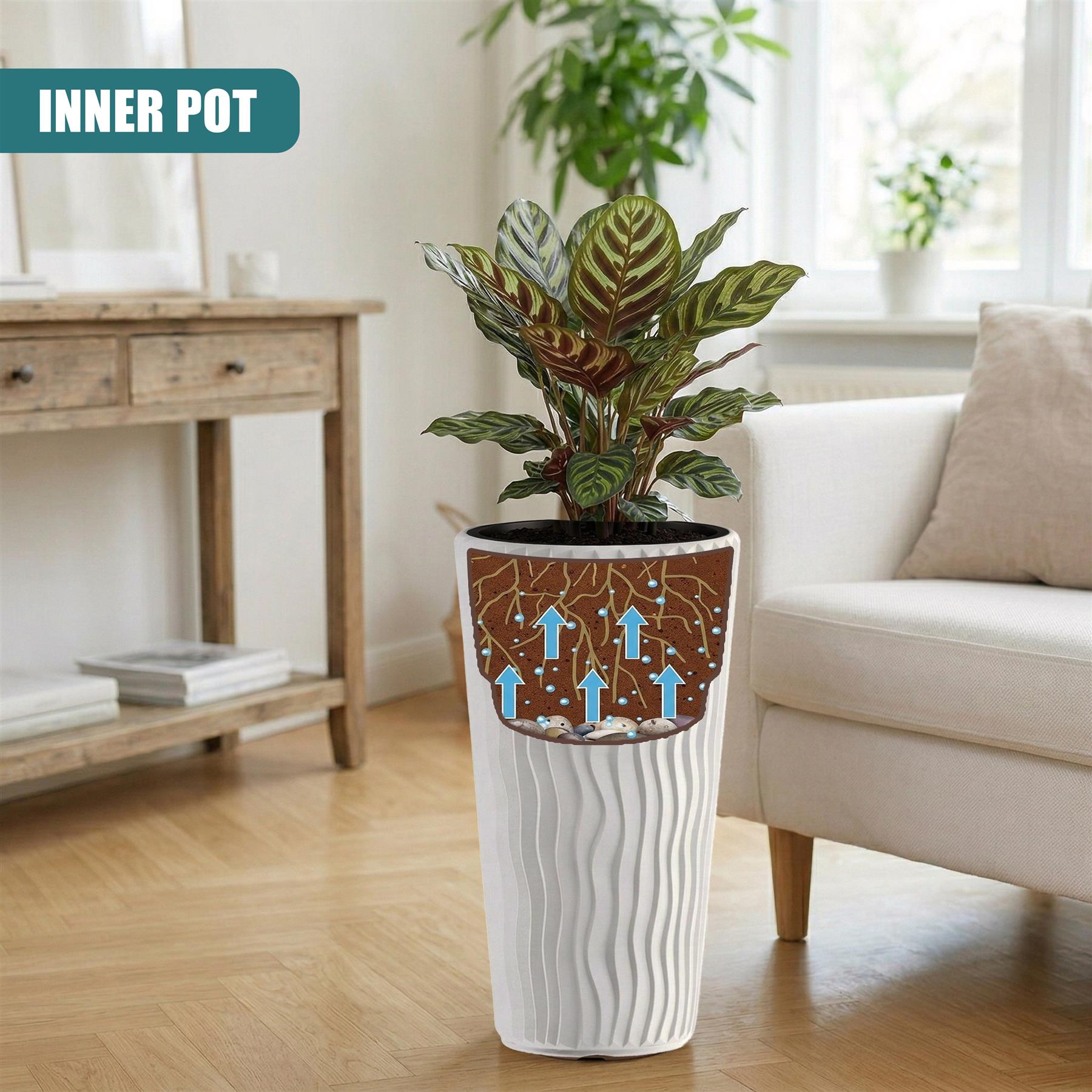Tall white fluted planter pot featuring a decorative brown and blue arrow pattern near the rim.