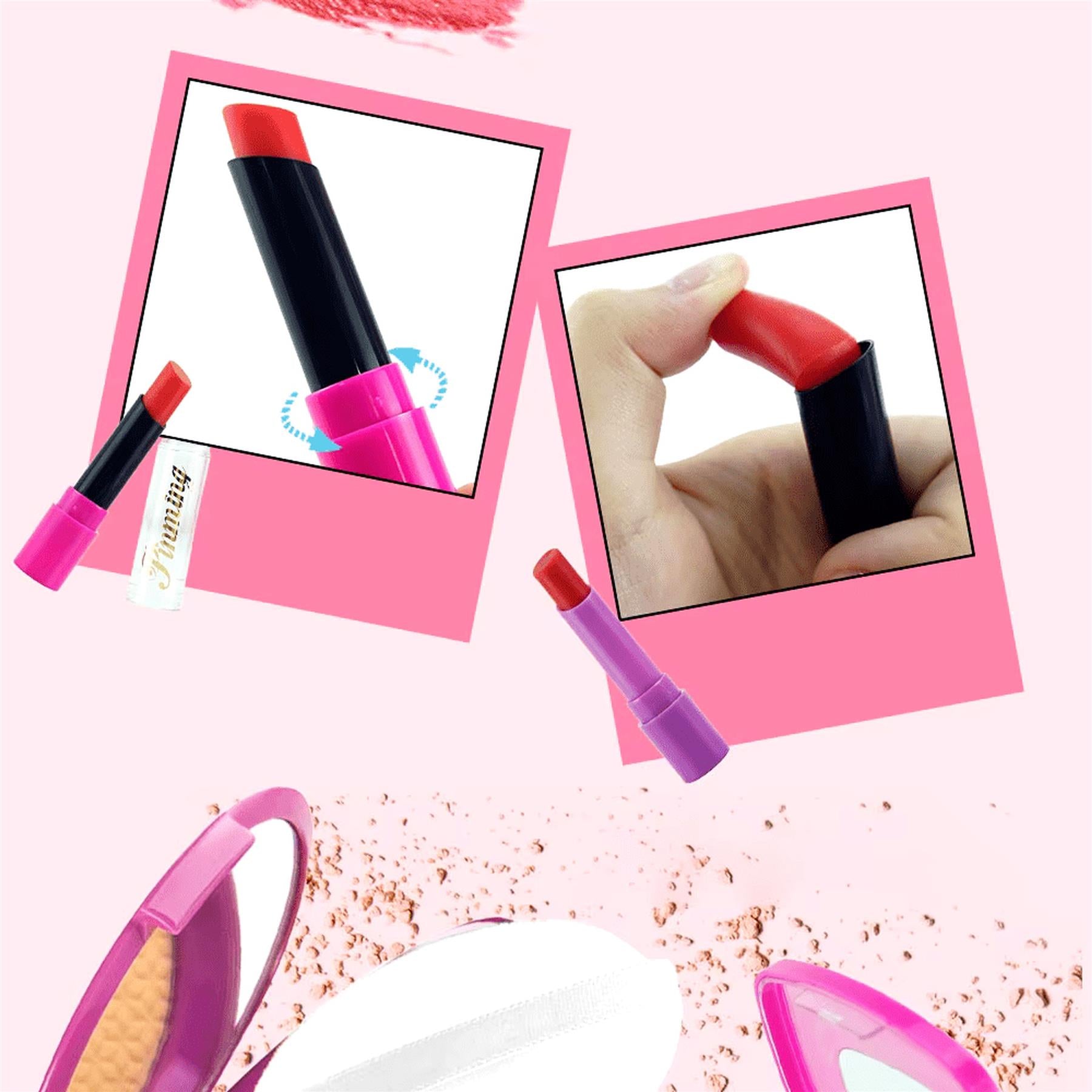 Collection of toy cosmetics, including lipsticks, a pink handbag, and cosmetic sponge accessories.