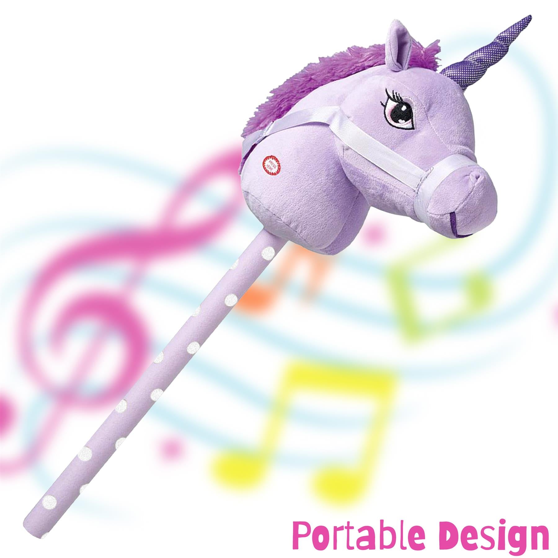 Lilac hobby horse with a plush unicorn head, featuring a sparkly horn and a polka-dotted handle, set against a colorful, musical background, showcasing its portable design. Designed for imaginative play, this unicorn hobby horse is perfect for children. themagictoyshop