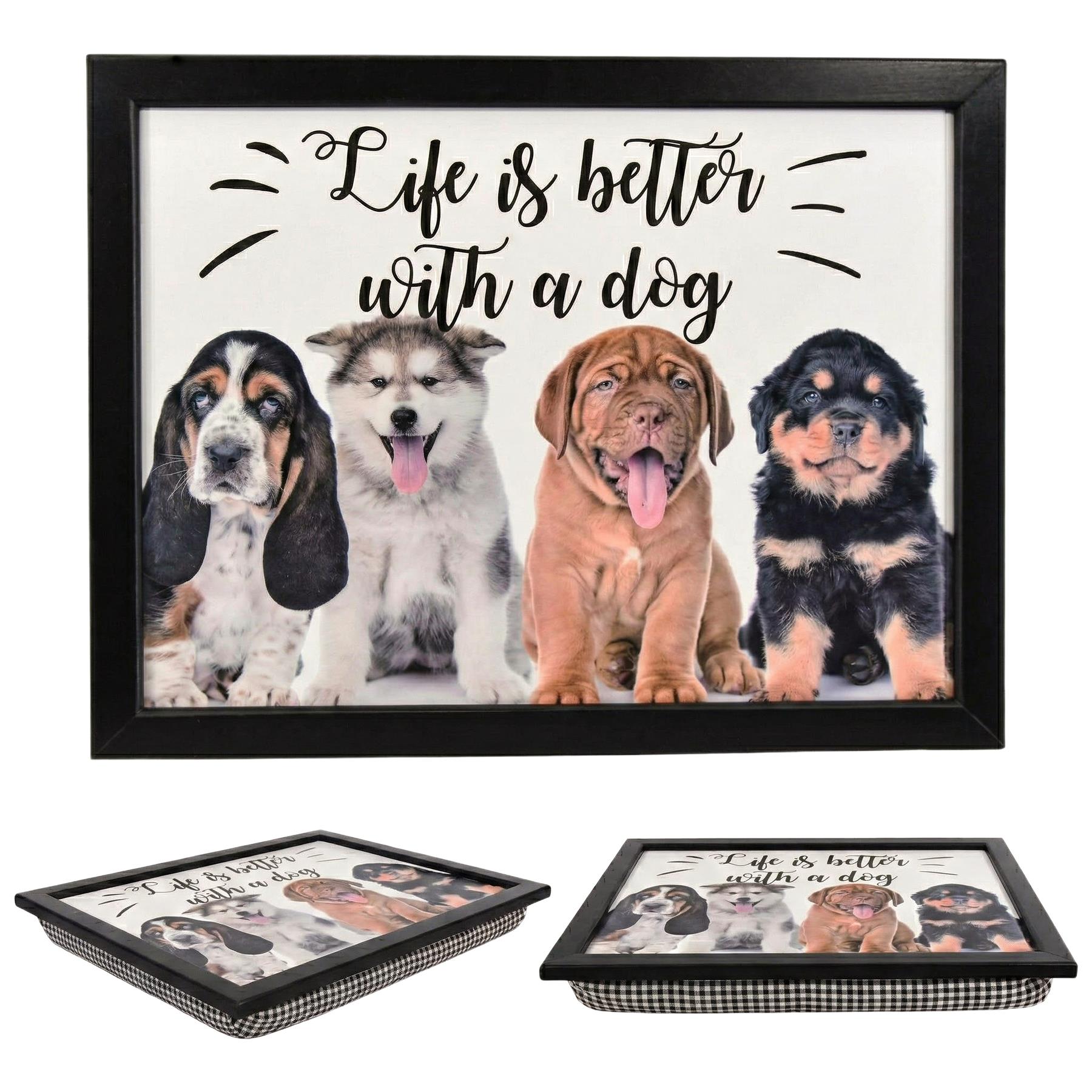 "A cute dog lap tray, designed like a wooden crate and decorated with playful puppy stickers." - The Magic Toy Shop