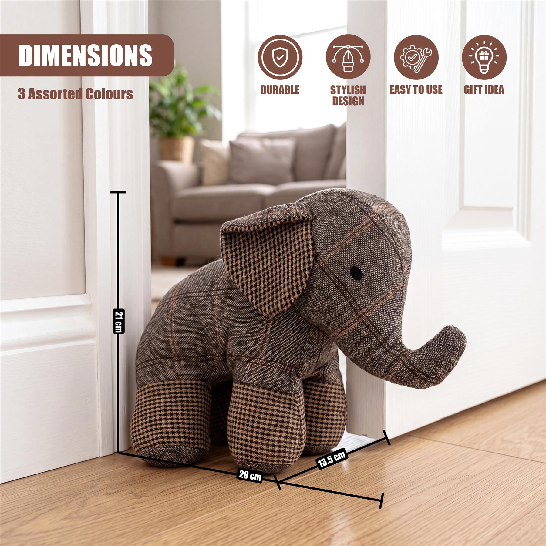 Plaid elephant door stopper standing in a doorway, with its dimensions clearly marked on the floor.
