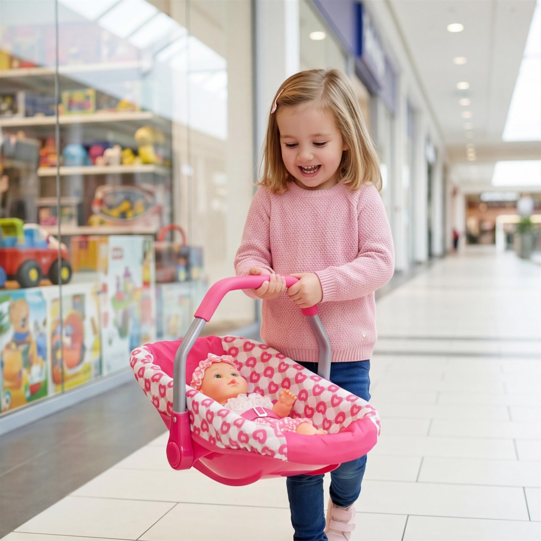 Little girl holding a pink baby doll car seat with a doll inside.