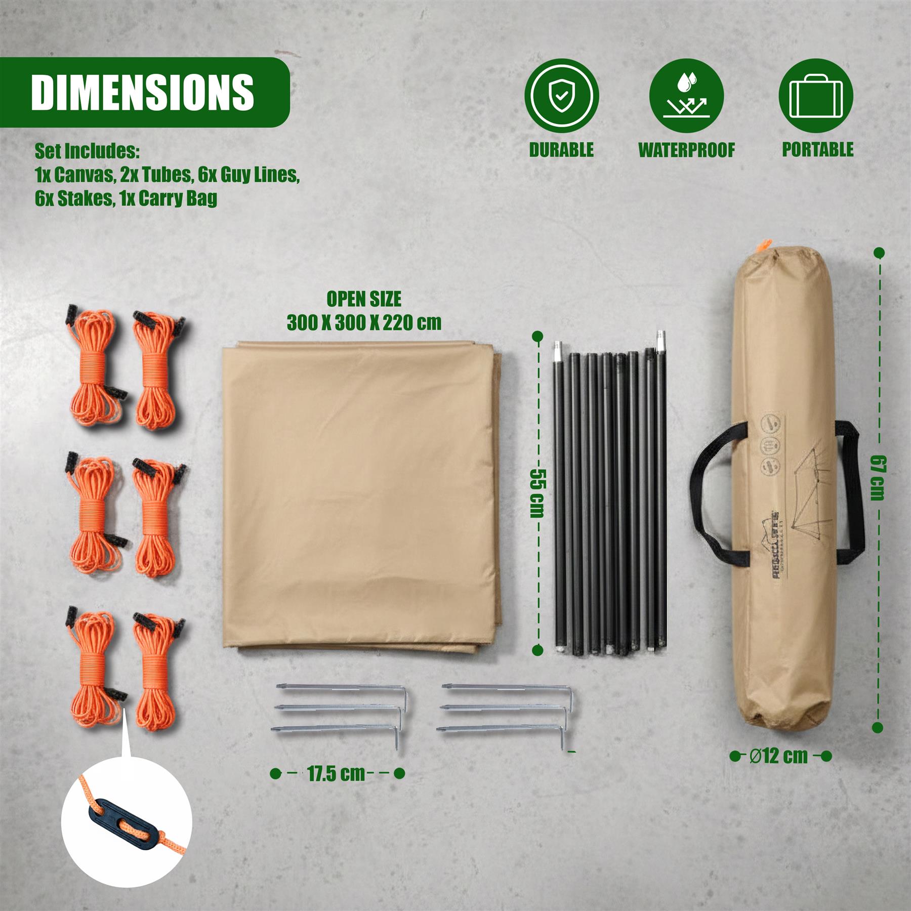 Camping set showing a tan tarp, telescoping poles, orange guy lines, stakes, and a black carrying bag.