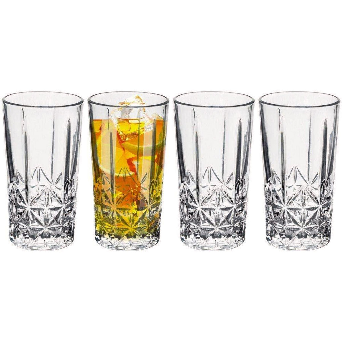Set of four tall, clear GEEZY whisky glasses with a patterned design, filled with drinks