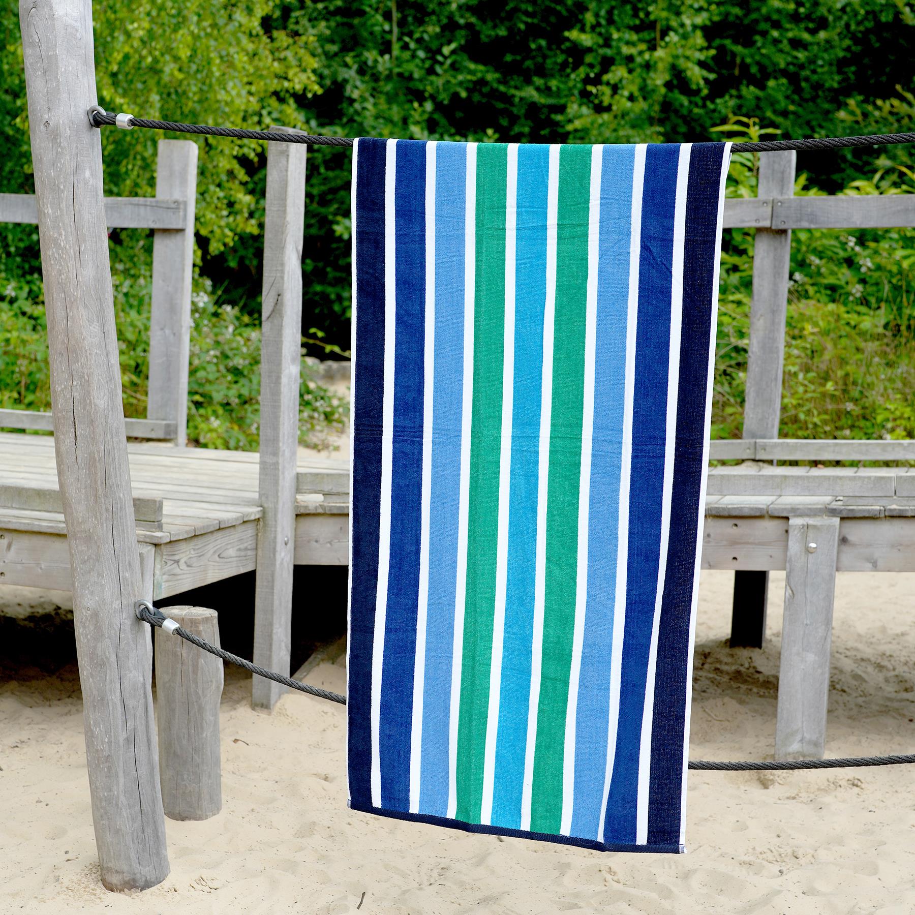 Large Velour Striped Beach Towel Midnight Oasis - Cotton, Polyester - Geezy