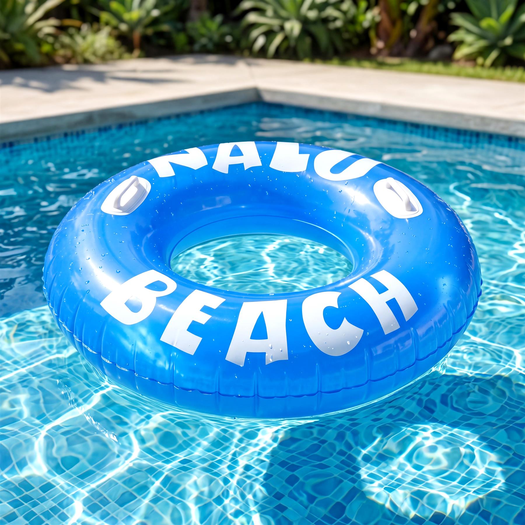 Blue inflatable ring with the words "ONALO BEACH" printed in large white letters, floating in a pool.
