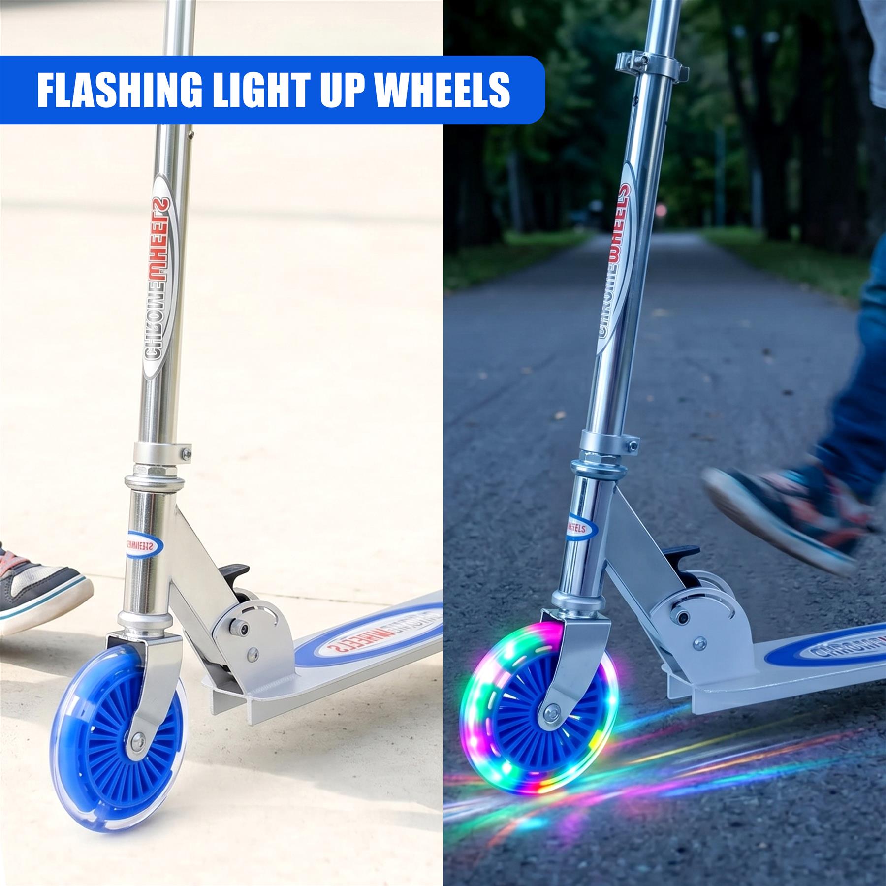 Blue scooter with illuminated wheels shown both stationary and moving on an outdoor path.