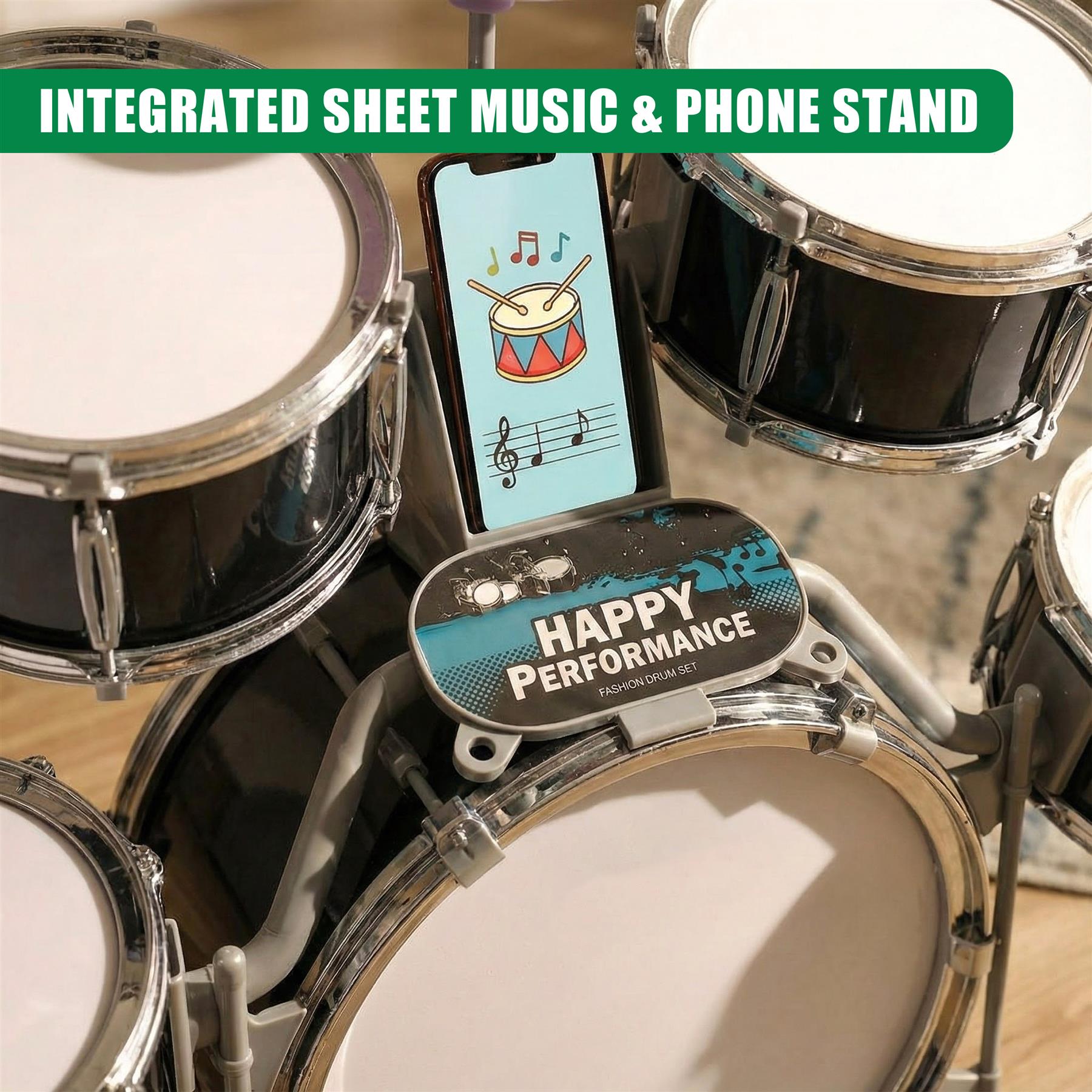 A drum set with a phone stand in the center, featuring a drum set with multiple drums and a phone stand in the center. The phone stand has a drum design and the words "Happy Performance" on it. - The Magic Toy Shop