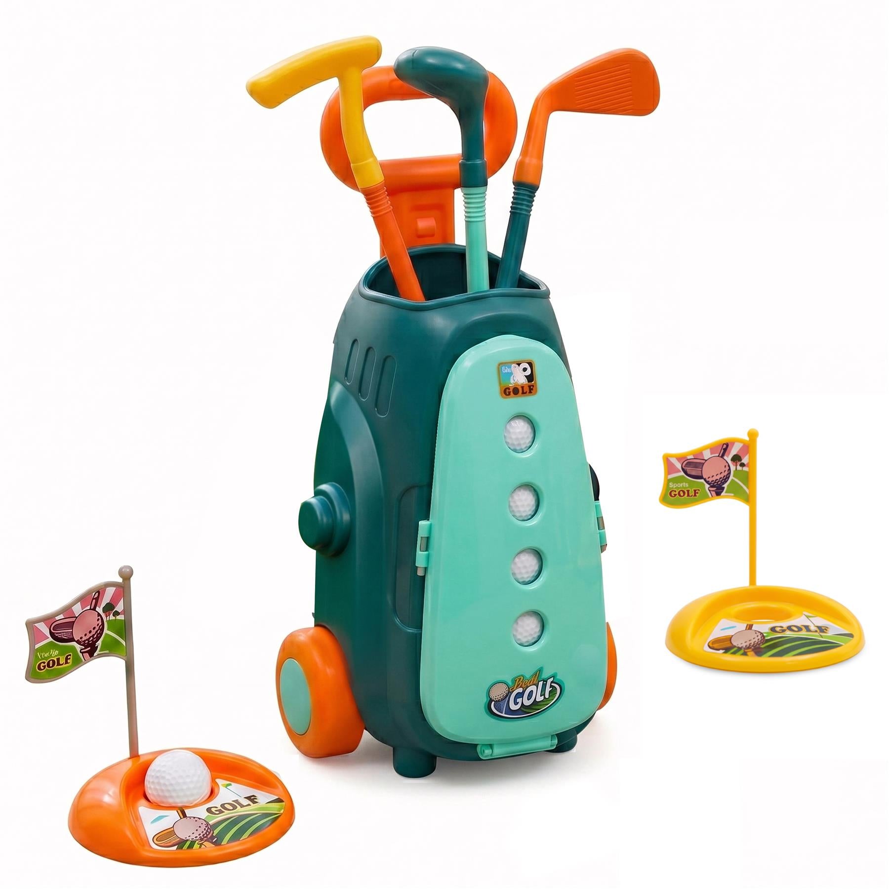 Green golf club carrying case holding yellow clubs, plus two orange putting mats with flags.