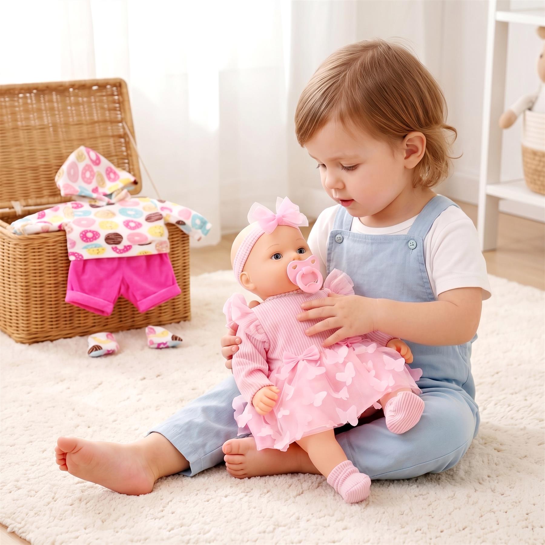 Young child in blue overalls holding a pink patterned doll and sitting near doll clothes.
