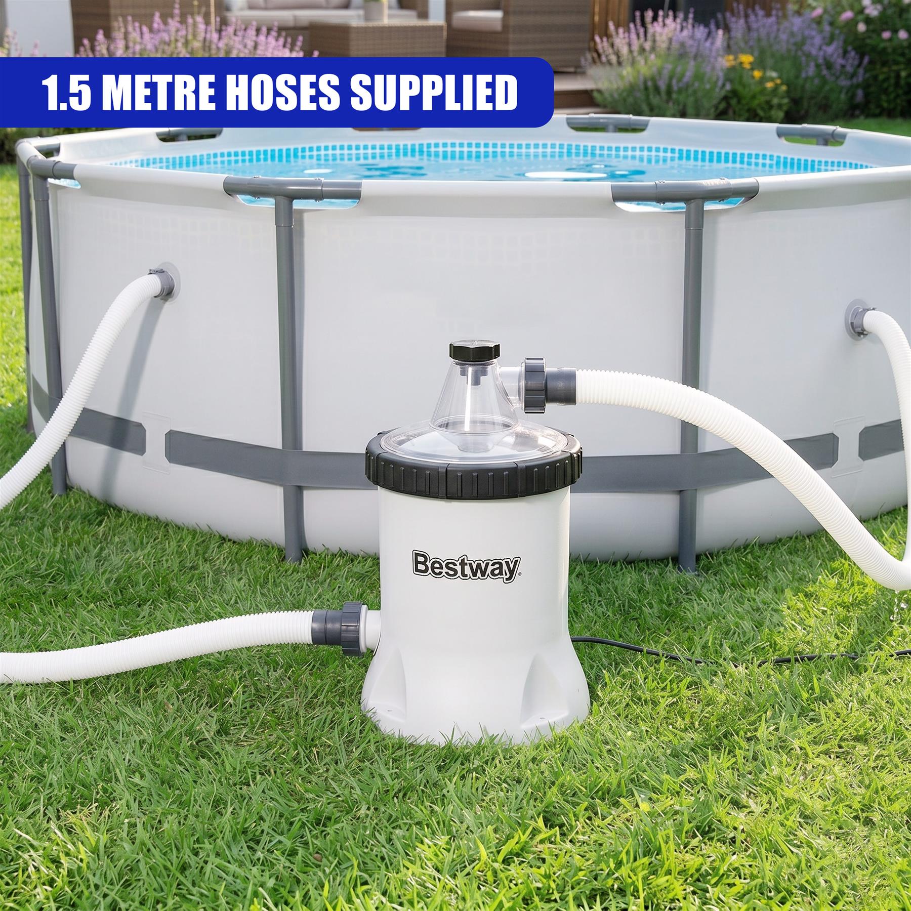 Multiple hoses connect a white Bestway pump unit to the filtering water of an above-ground pool.