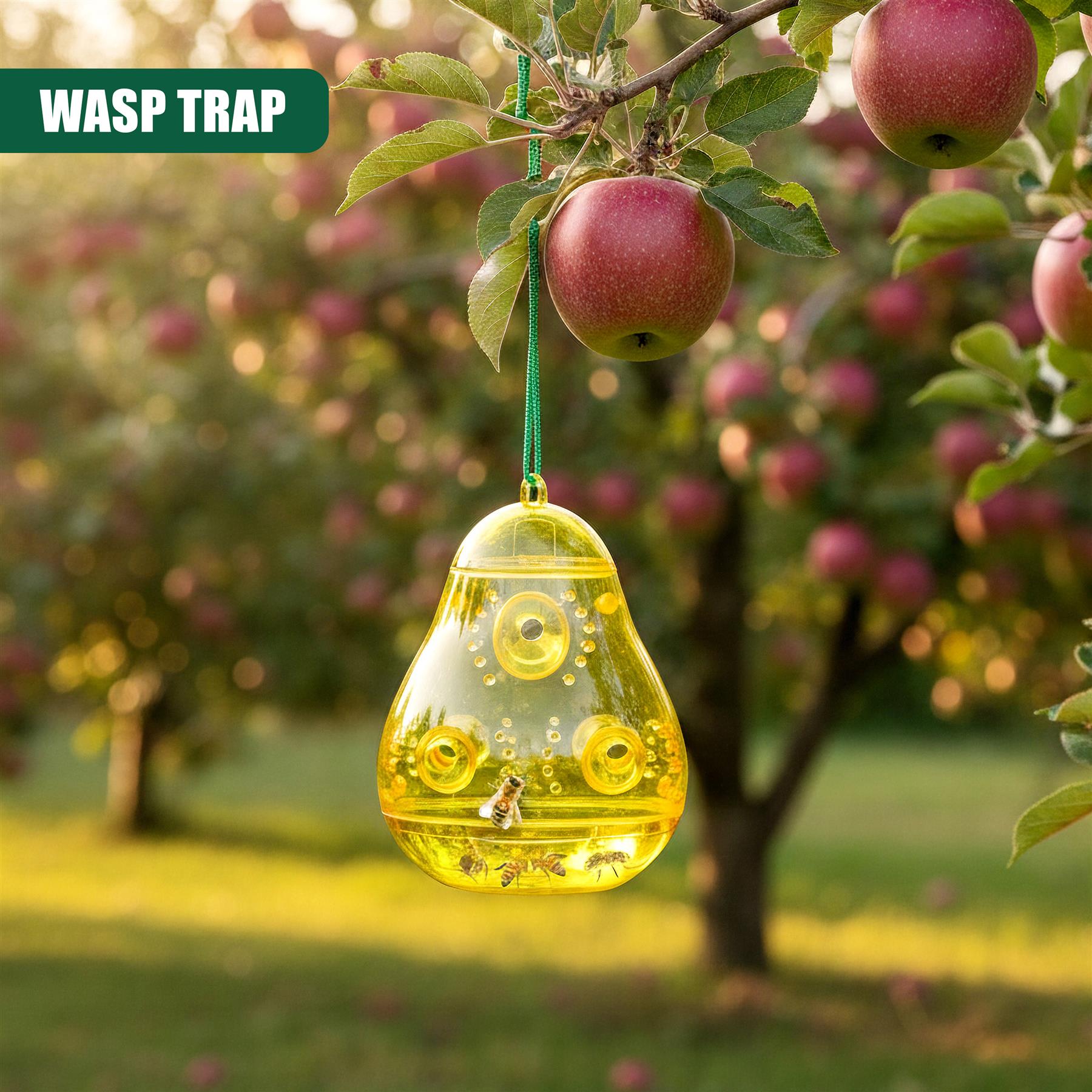 Yellow, teardrop-shaped traps hang from strings on apple branches in a sunny orchard setting.