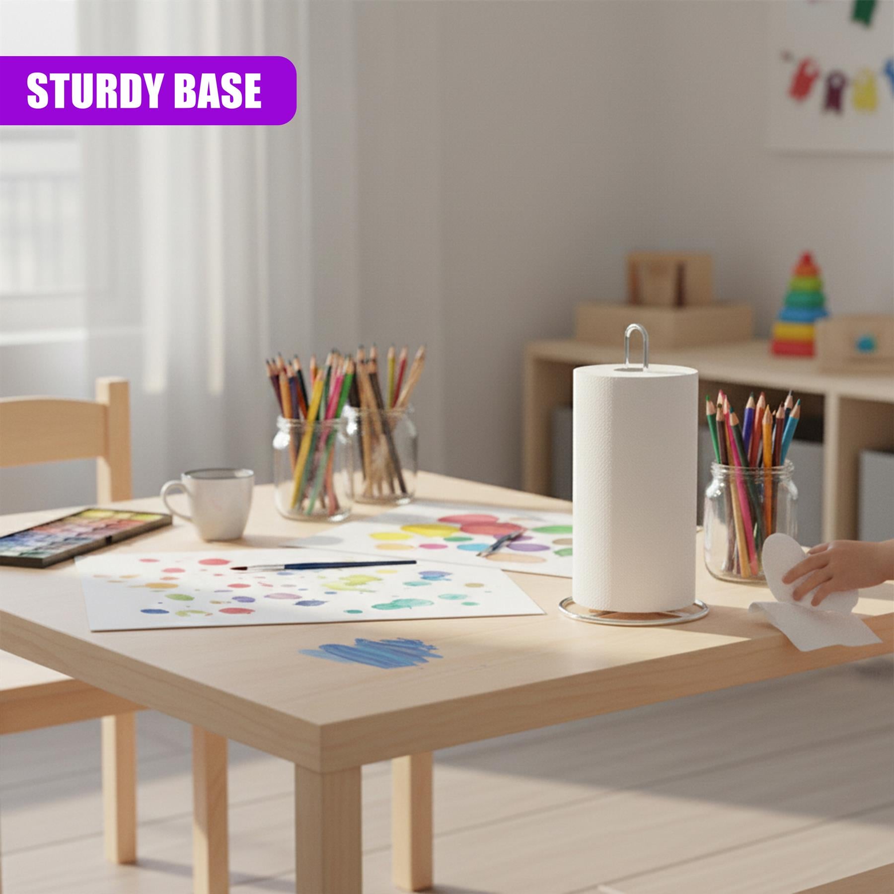 The white, cylindrical paper roll stand rests on a chrome base on a wooden table surface.