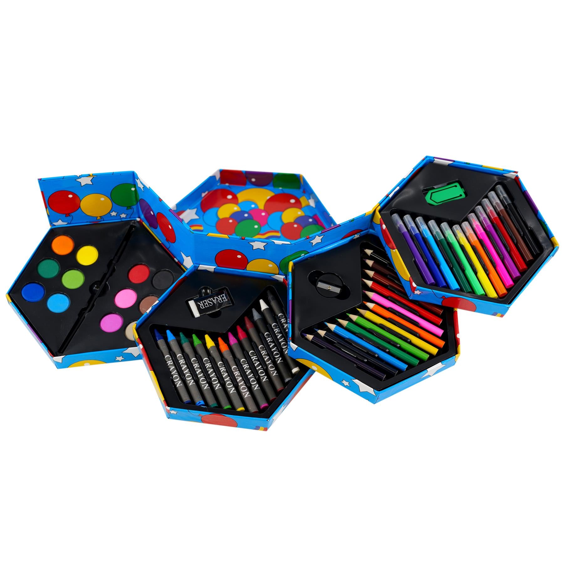 The compartmentalized art set displays crayons, colored pencils, markers, and finger paint spots.
