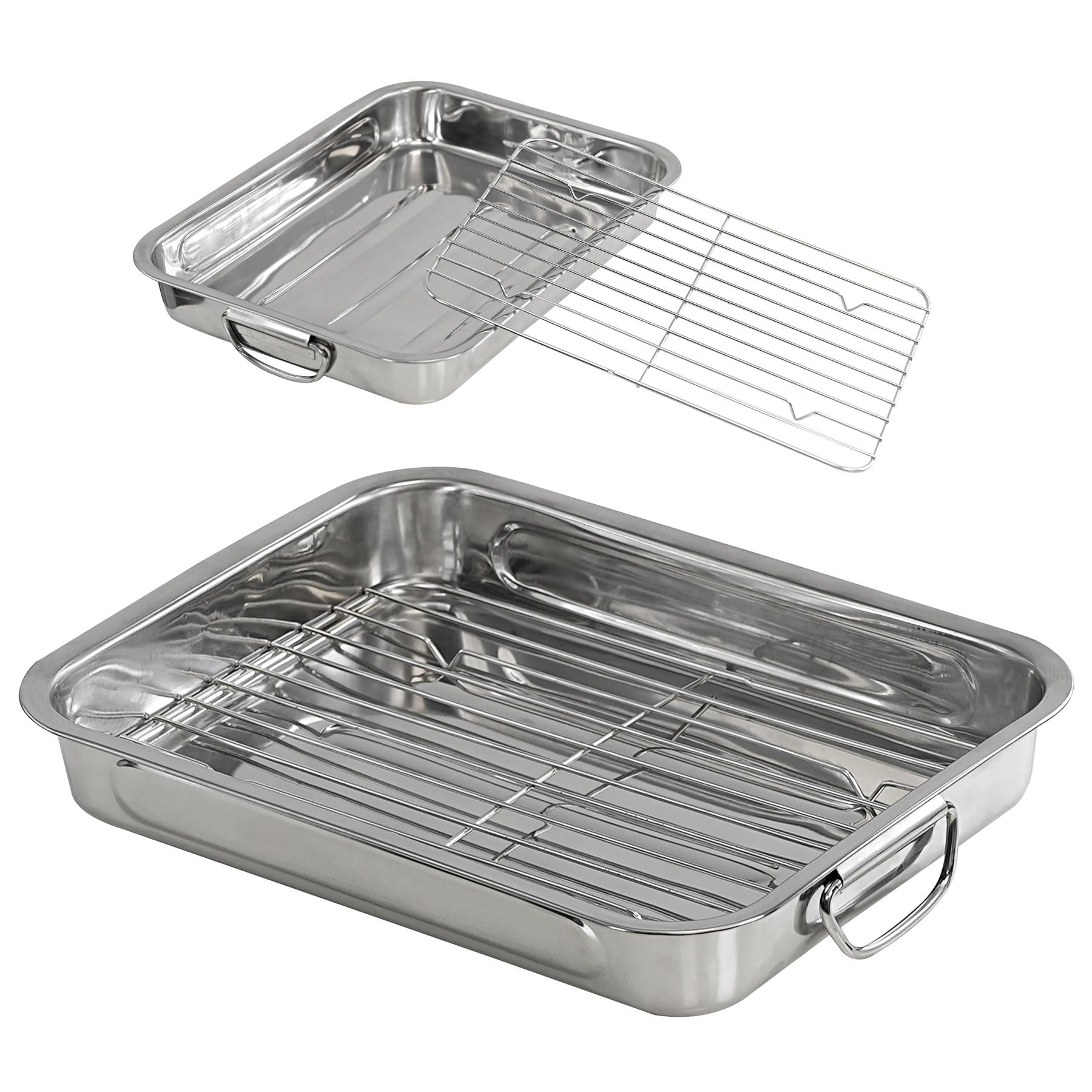 Rectangular stainless steel roasting pan with removable wire rack for oven use.