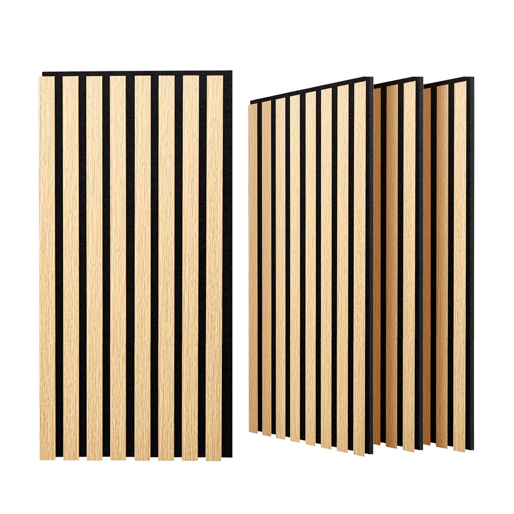 Multiple vertical decorative wall panels featuring segmented stripes of light wood and black.