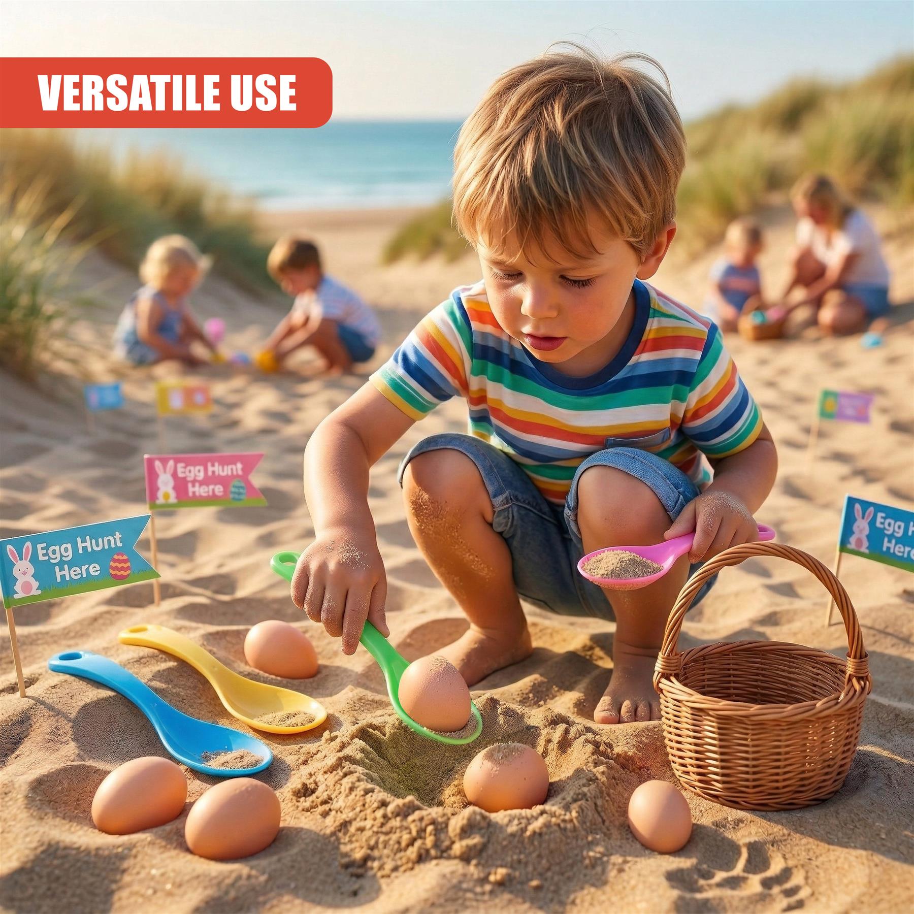 A young boy holding a spoon plays with multiple eggs and a basket on the sandy beach.