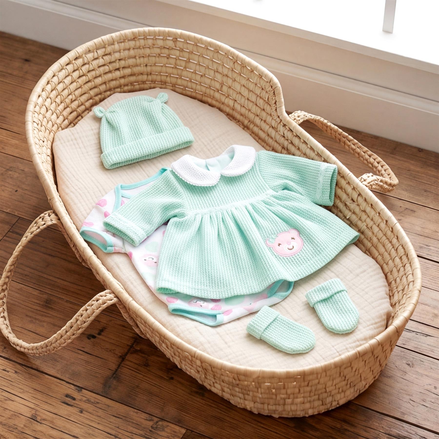 Mint green doll outfit set with a hat, dress, pants, and booties displayed in a woven basket.