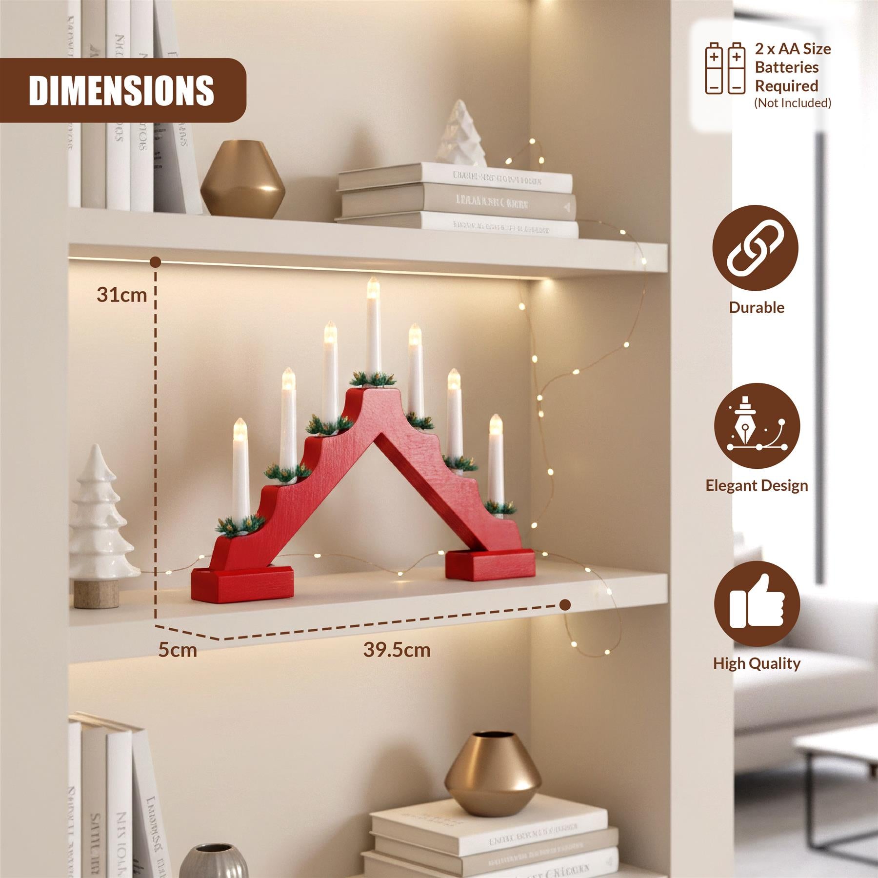 A red, 3D, Christmas-themed candle holder in the shape of a Christmas tree, featuring 6 LED candles and a small plant on top. - The Magic Toy Shop