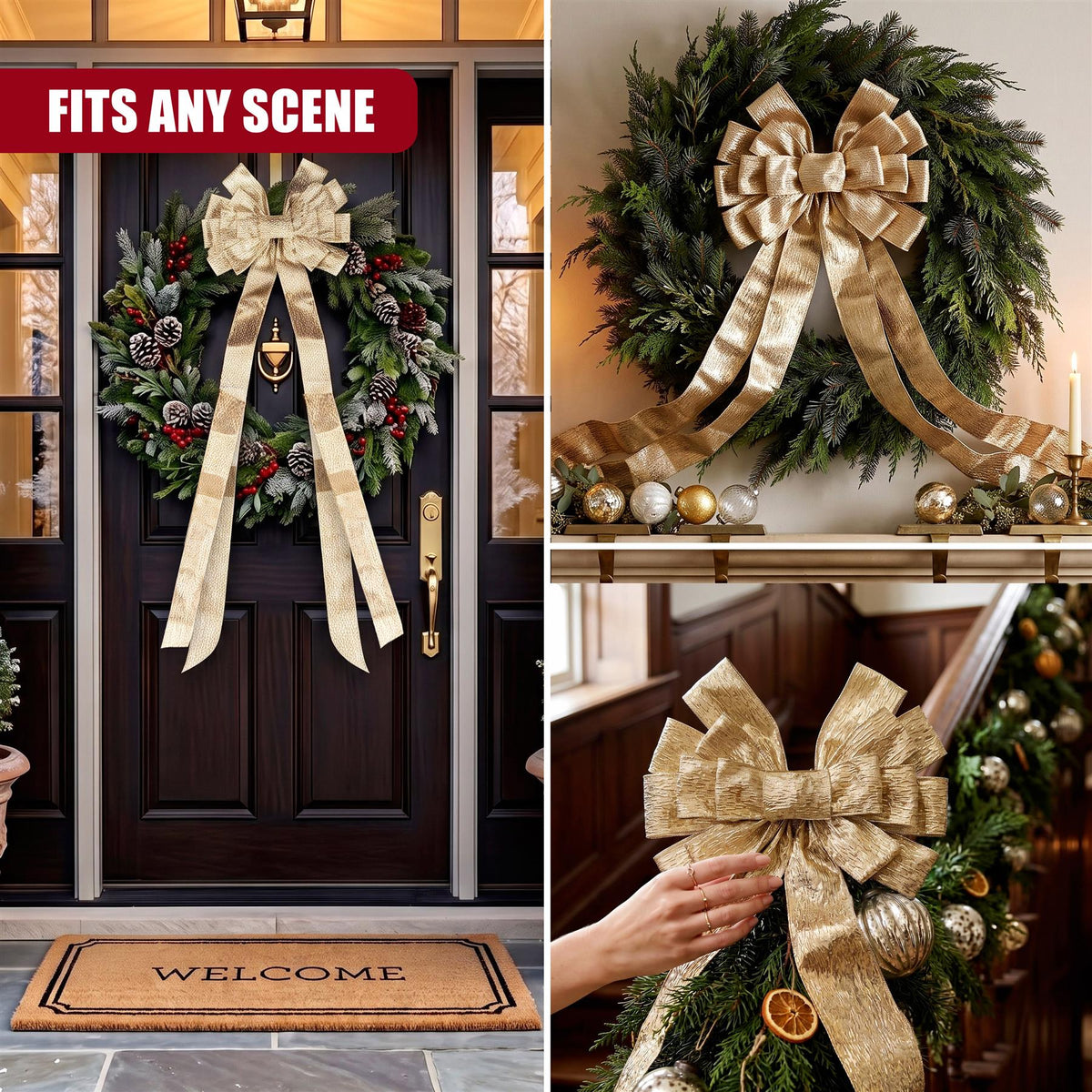 Gold Christmas tree bow topper with trailing ribbons displayed on a door and mantelpiece