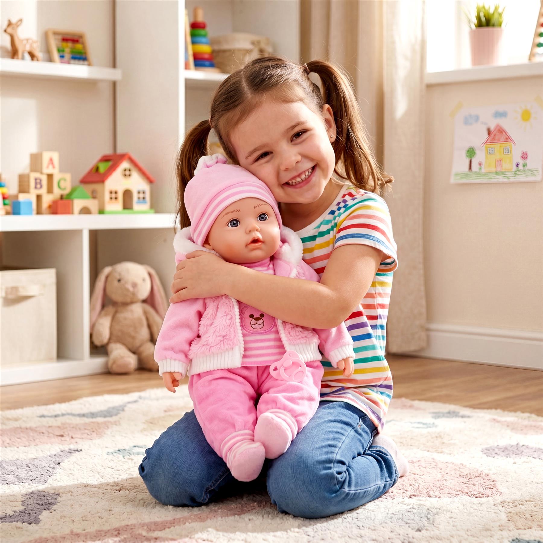 Pink bear baby doll with white and pink clothing, posed upright on a surface.