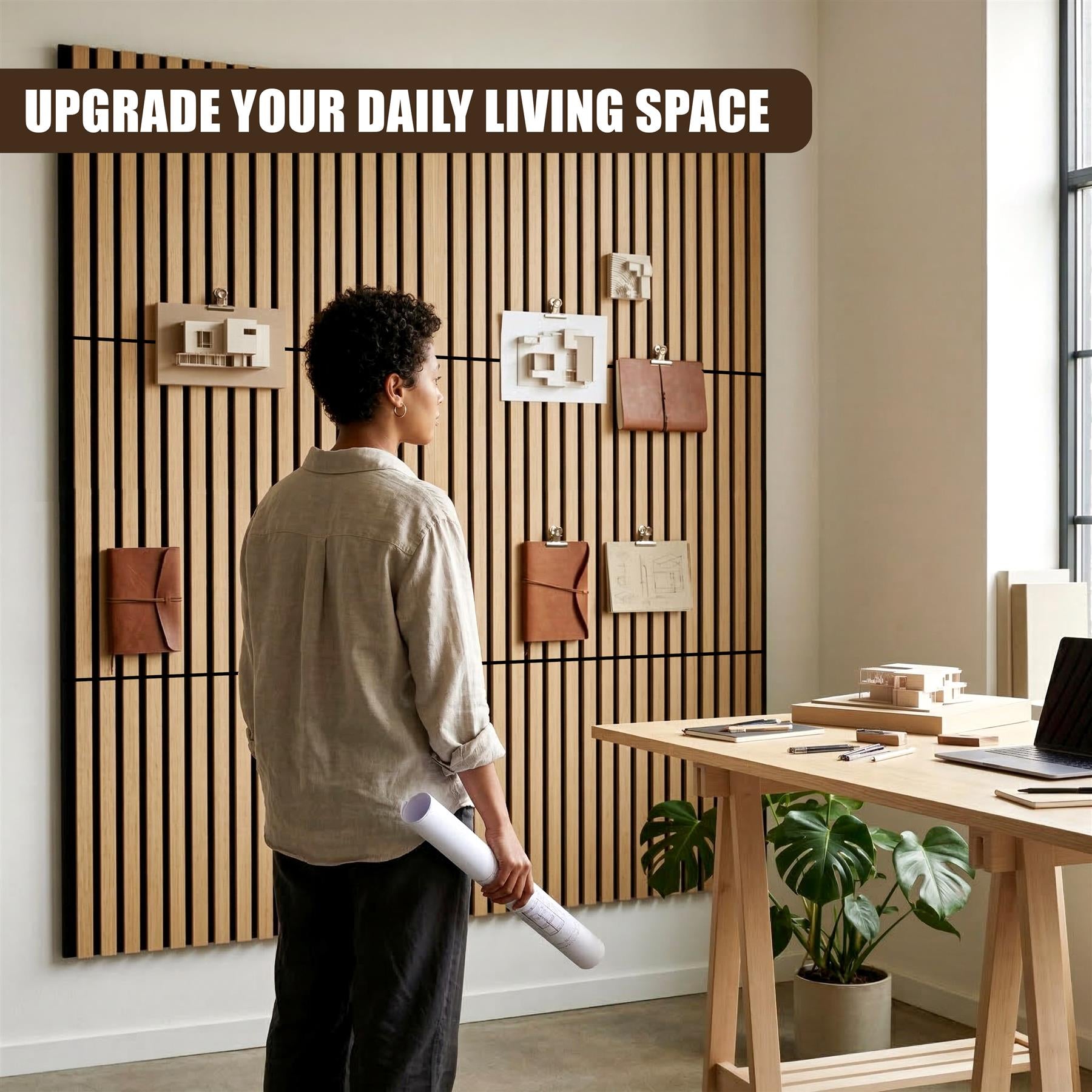Slatted wooden wall panel displaying small wall art, leather goods, and hooks for organization.