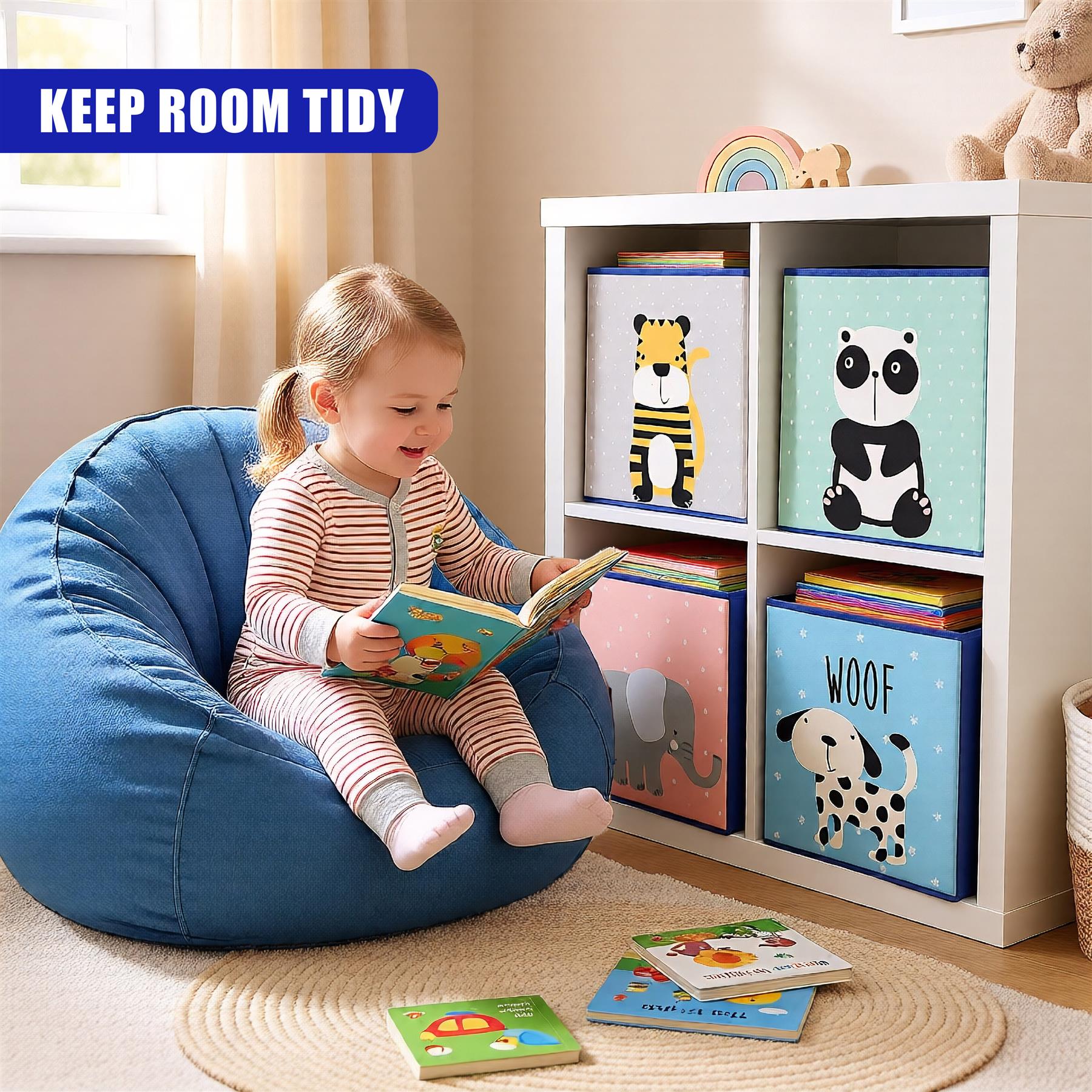 Two-tiered children's bookcase with colorful animal illustrations on each tier, suitable for a child's room. - The Magic Toy Shop