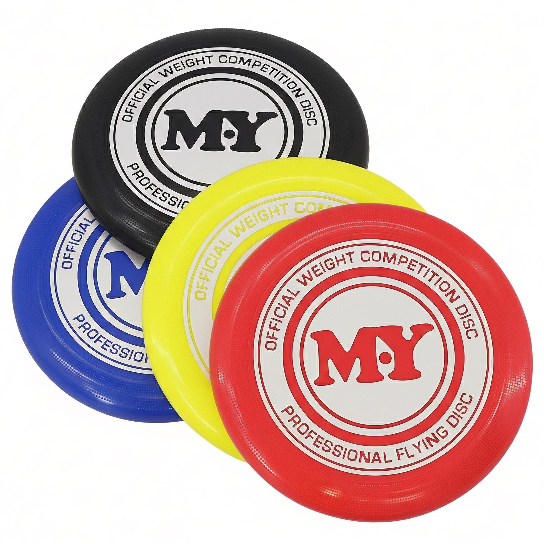 Four colored frisbees are stacked, featuring the "MY" logo and "Official Weight Competition Disc" text.