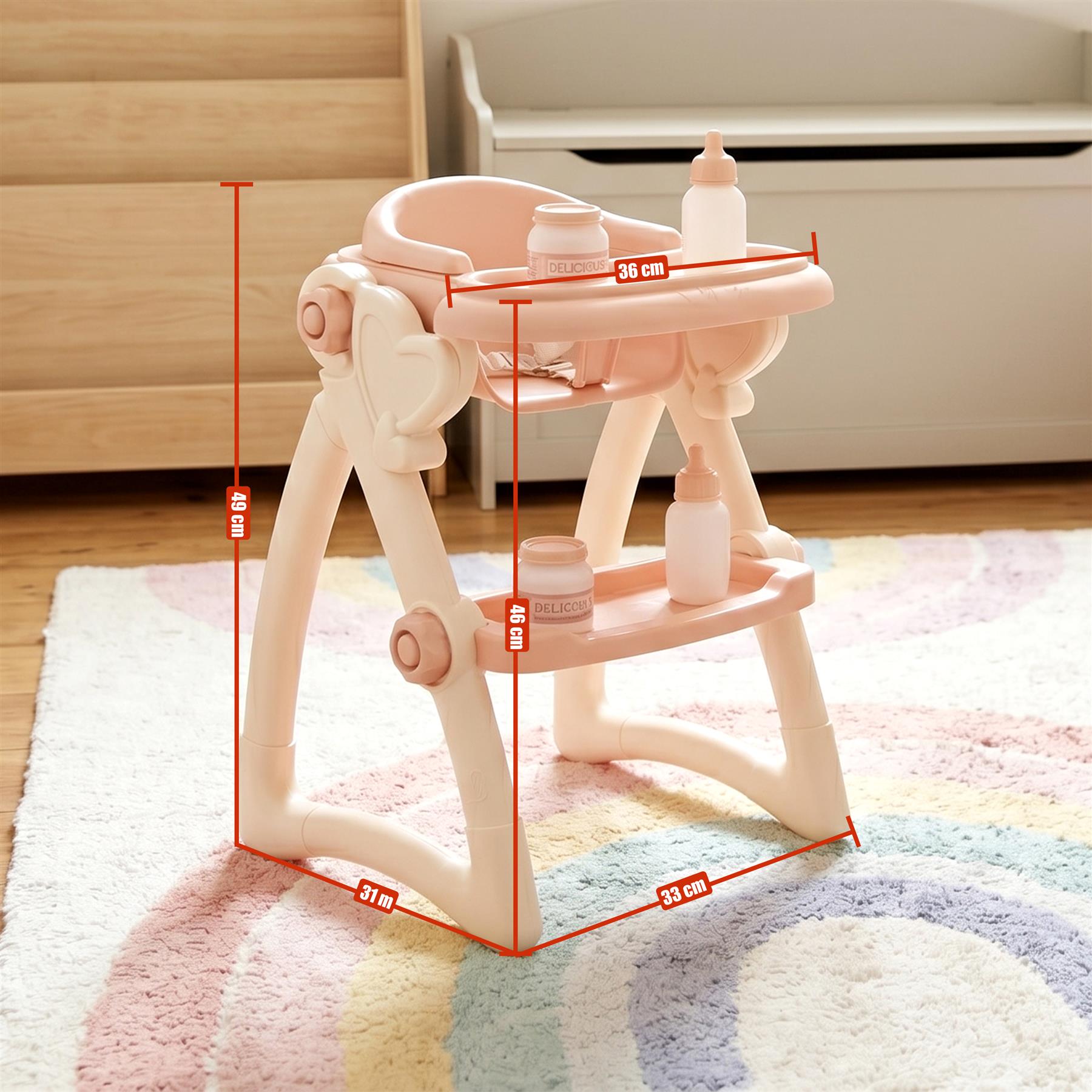 Light pink plastic doll high chair set includes a tray, bottles, and accessories for doll play.