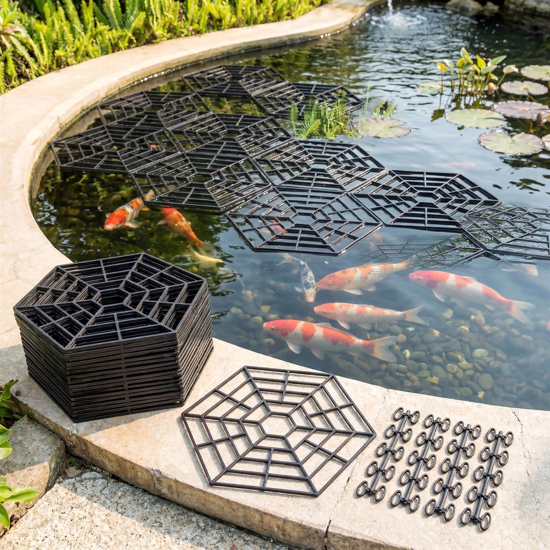 Dark geometric plastic panels of various interlocking shapes placed on the pond surface.