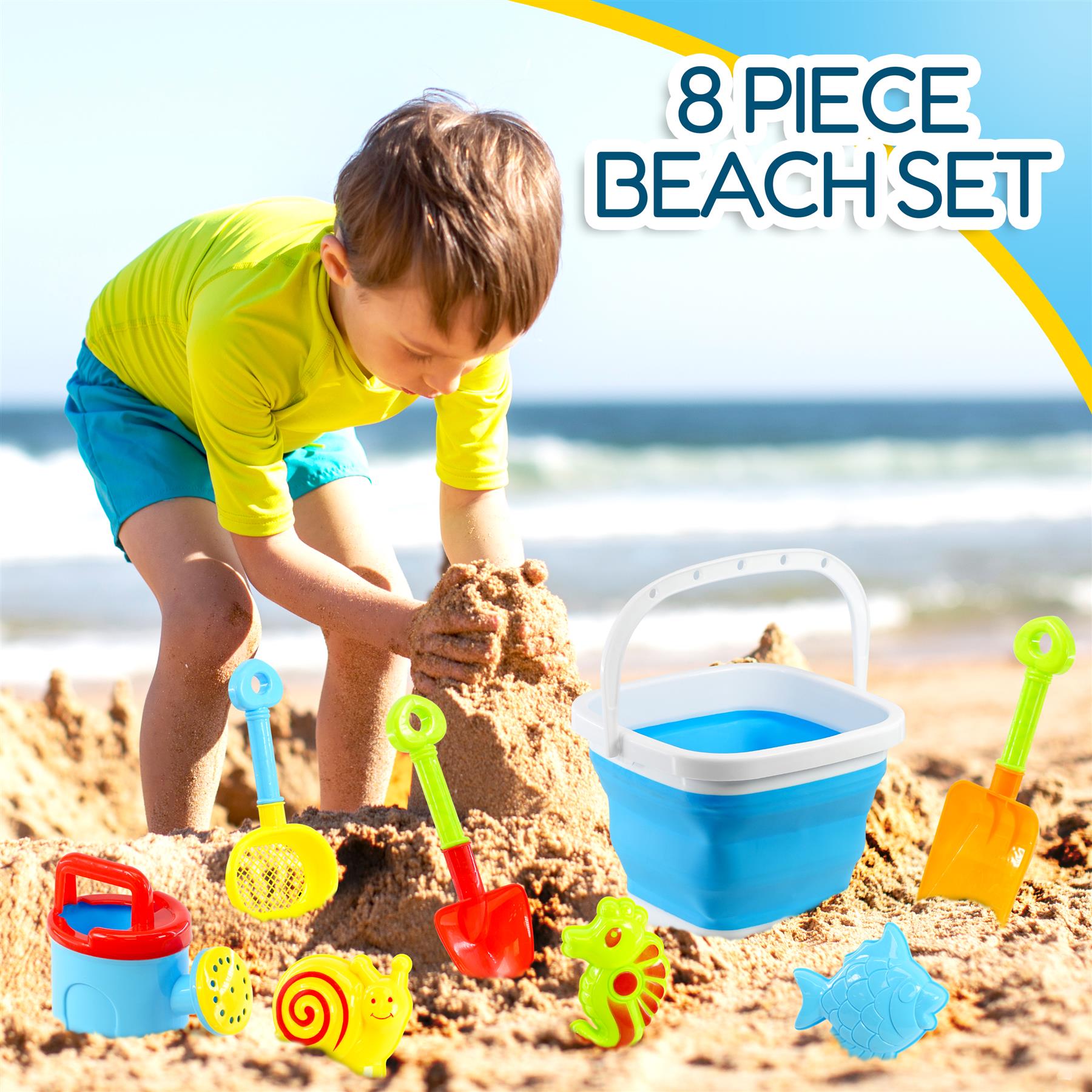 The image shows a boy playing with beach toys, including buckets, shovels, and small plastic figures.