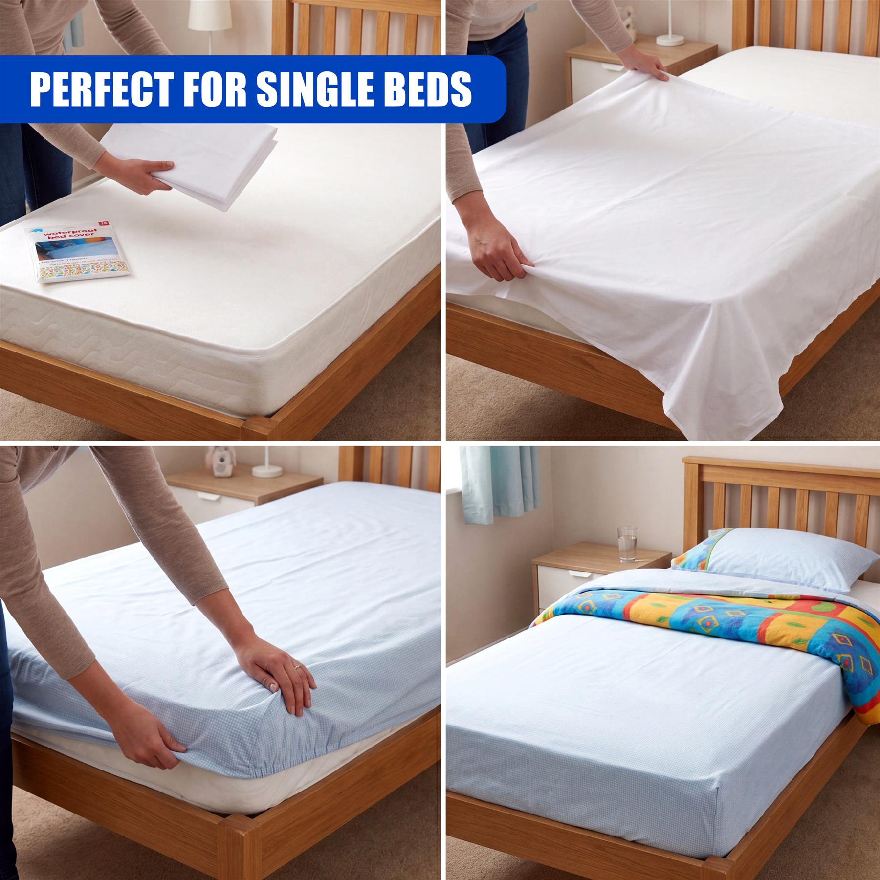 White fitted bed cover placed on a mattress on a light wood bed frame.