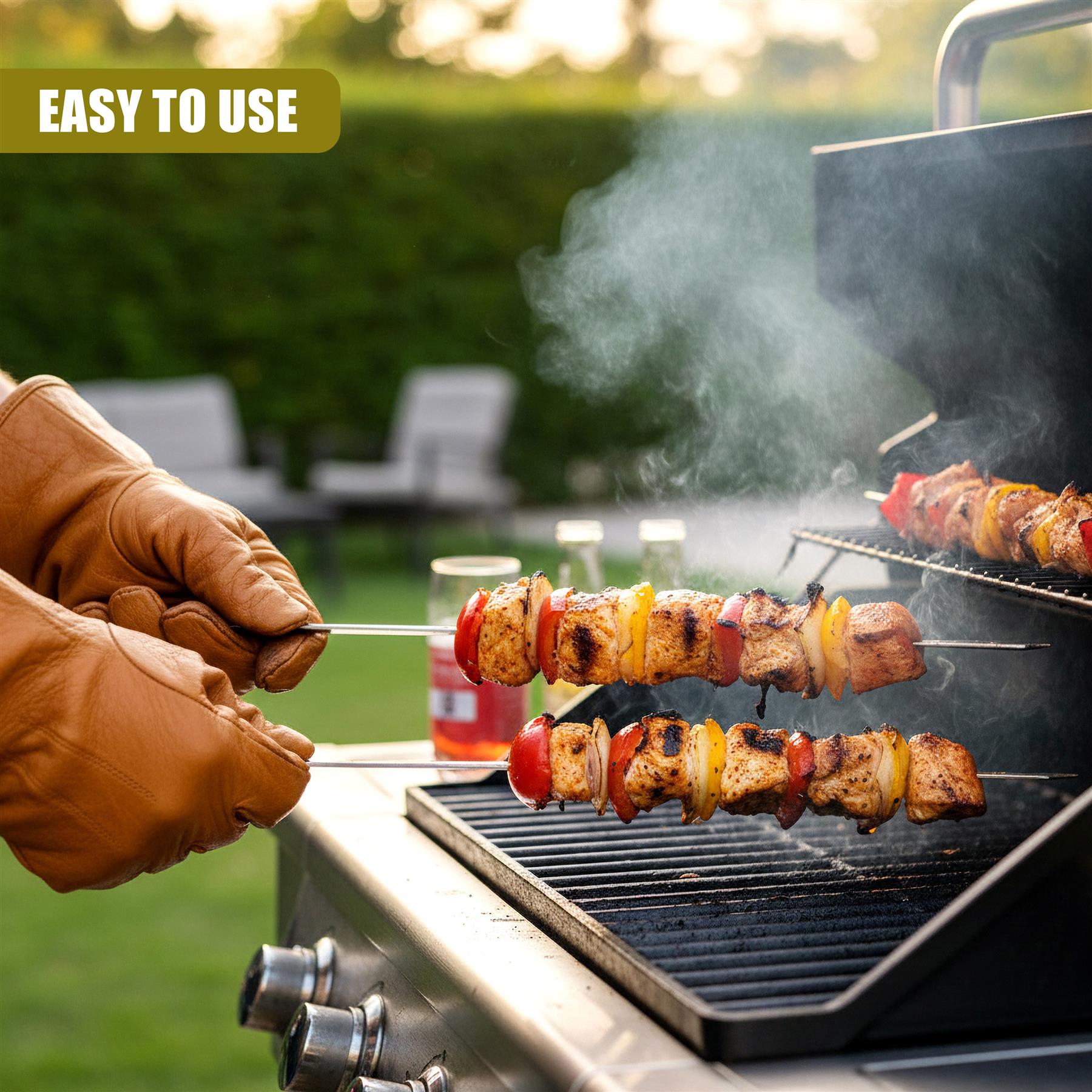 Hands wearing gloves cook skewers of meat and vegetables over smoky coals on a grill grate.