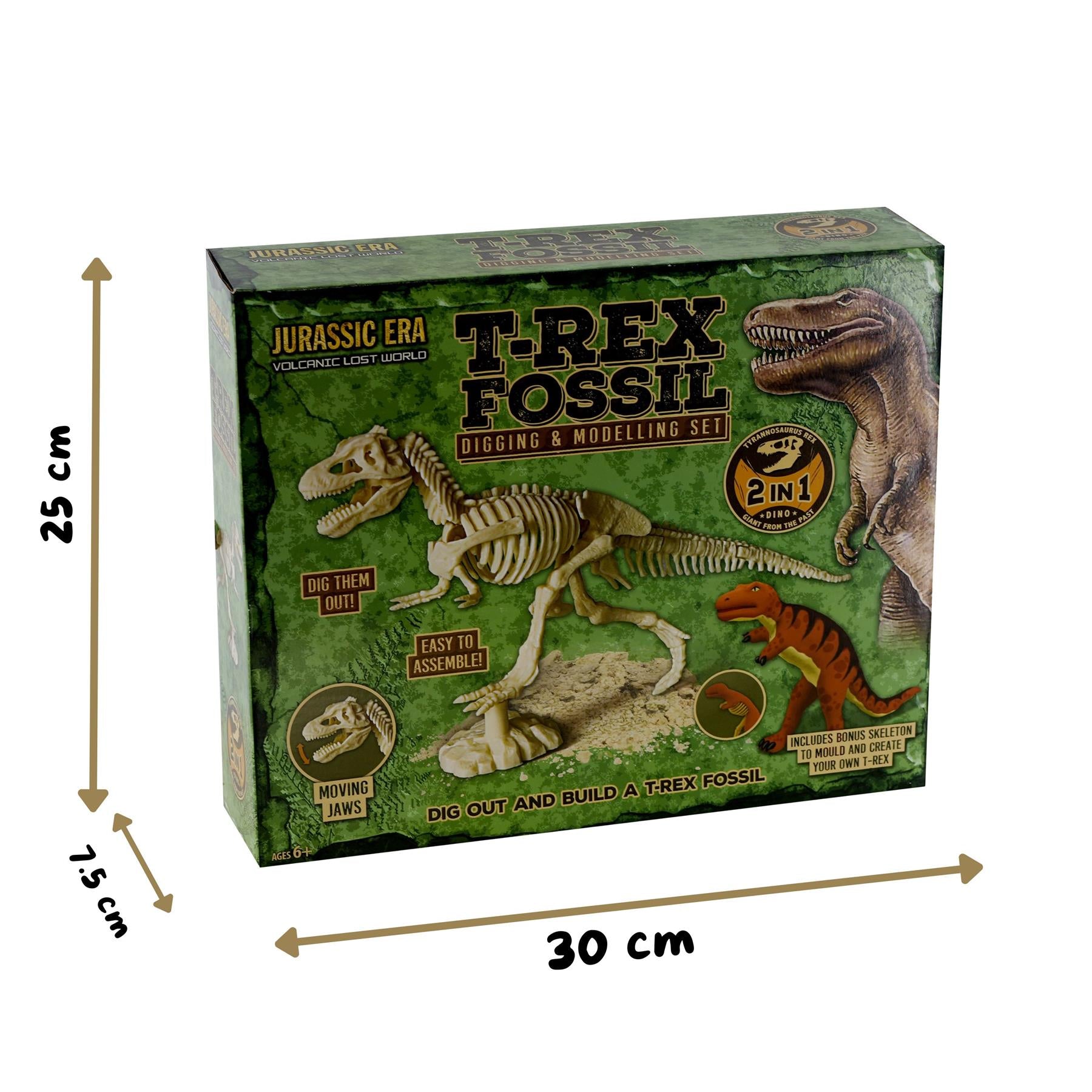 Cardboard box containing a dinosaur fossil digging and assembling model kit.