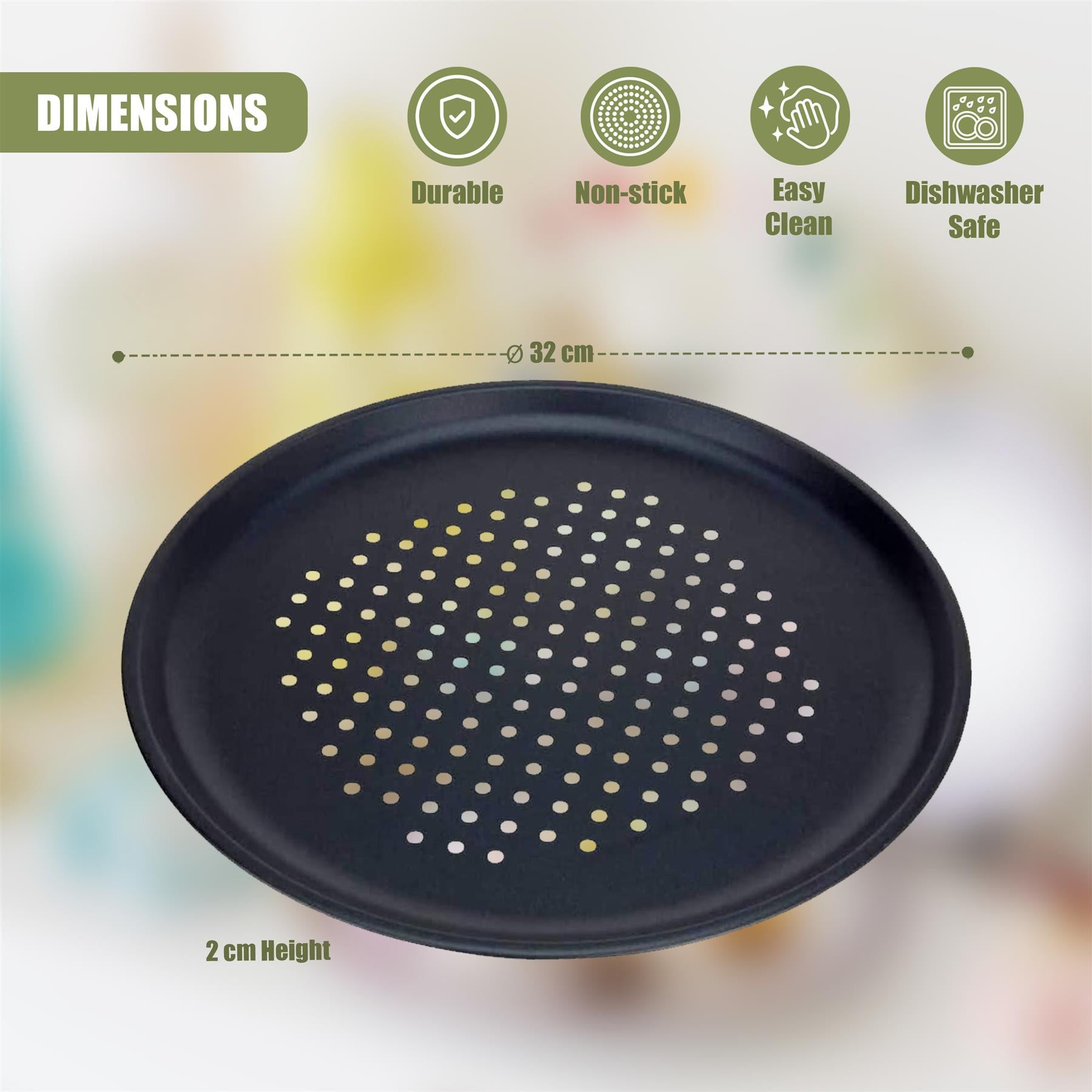 A black pizza tray with holes for ventilation, measuring 36x38cm with dimensions provided in centimeters. It is depicted next to a size guide and emphasized as non-stick, easy to clean, safe, and durable. The design features a grid pattern on the bottom surface for even cooking. - The Magic Toy Shop