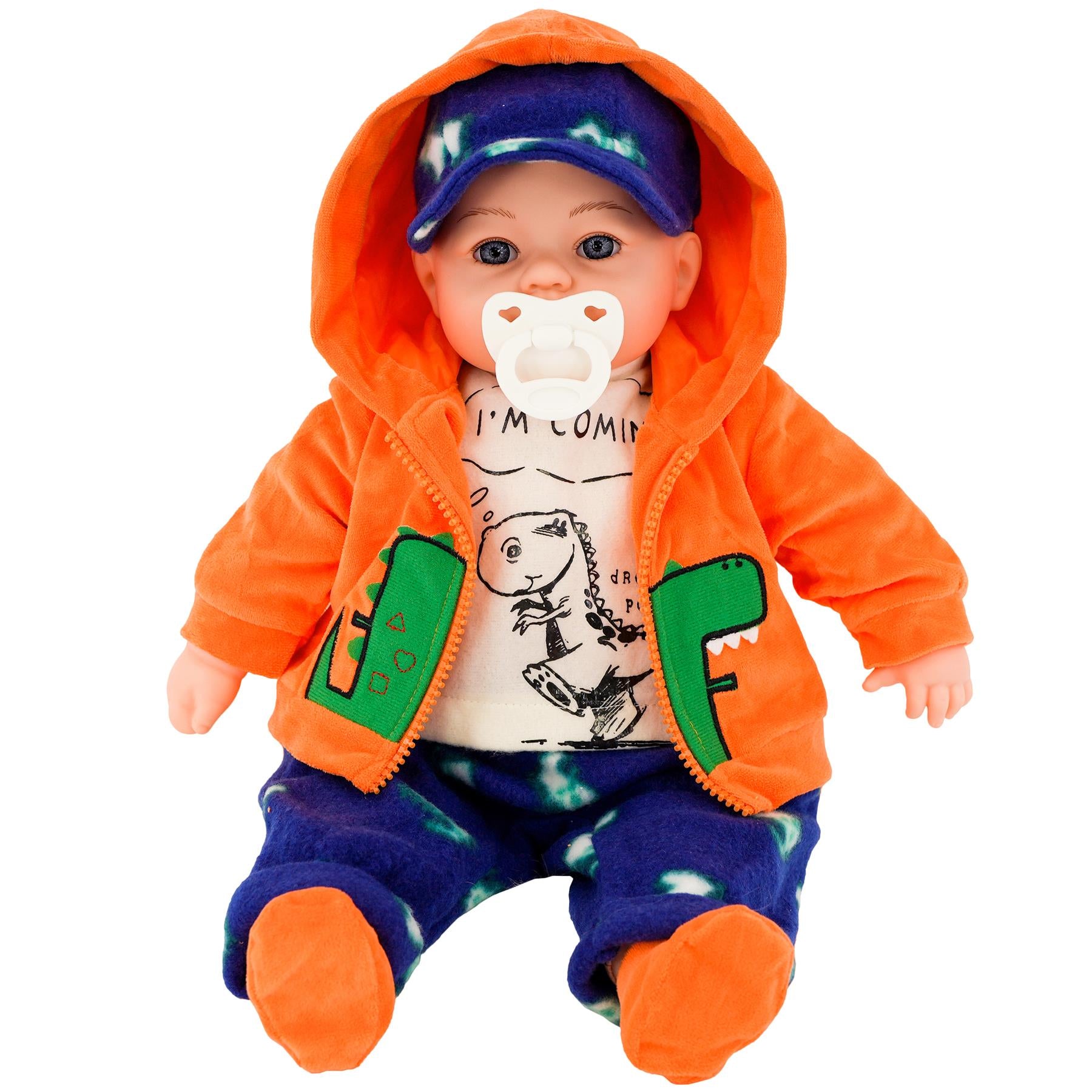 18" BiBi Doll Boy In Orange Jacket In Dinosaur Design by BiBi Doll - The Magic Toy Shop