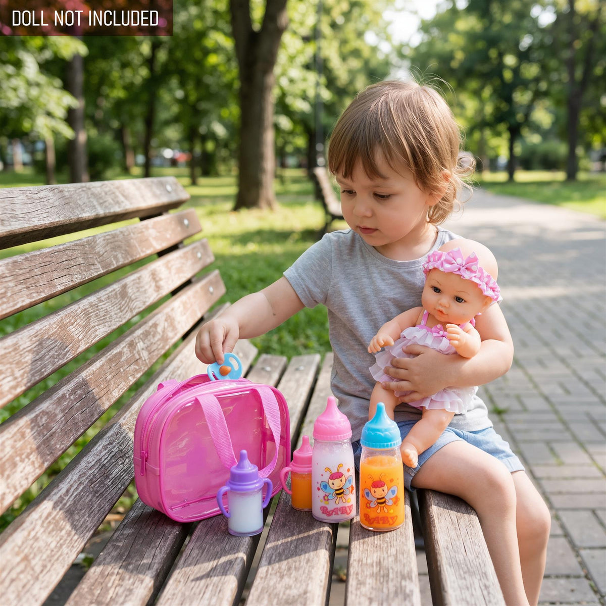 A child plays with a BiBi Doll 7-in-1 baby doll accessories set on a park bench