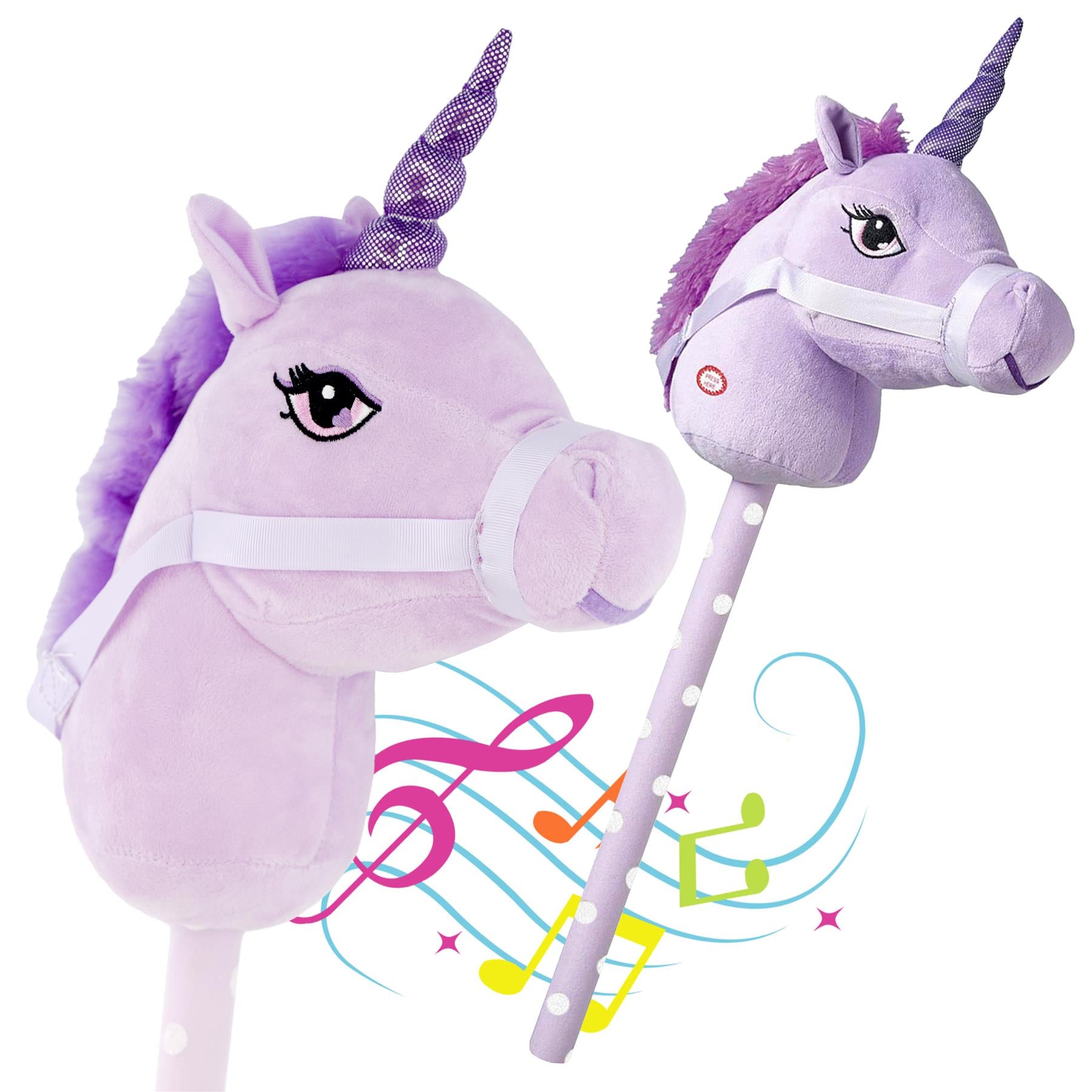 A soft, plush lilac unicorn hobby horse with a glittery horn and a purple mane, featuring an embroidered eye and a safety strap. The stick is decorated with white polka dots and colorful musical notes in the background. Perfect for imaginative play. themagictoyshop.