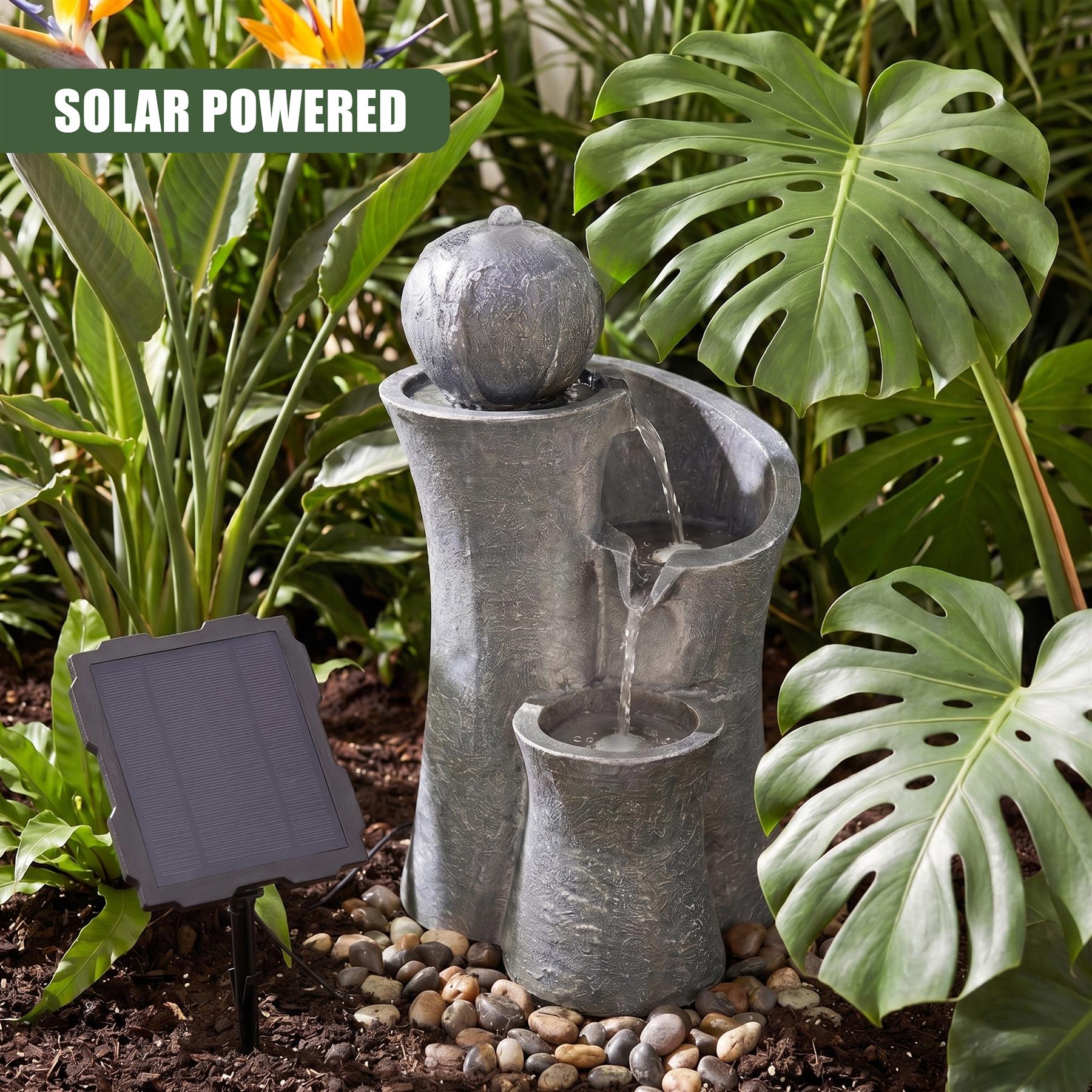 Solar Water Feature with Sphere on Top & LED Lights