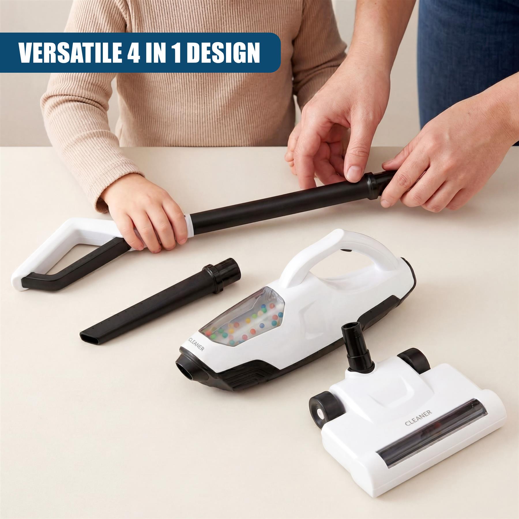 Multiple cleaning attachments laid out, including a vacuum wand, handheld unit, and small floor cleaner.