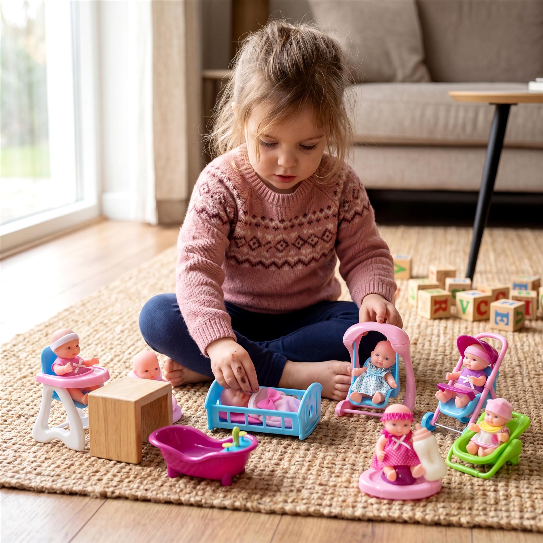Little girl playing with mini dolls, strollers, cribs, and colorful play accessories on the rug.
