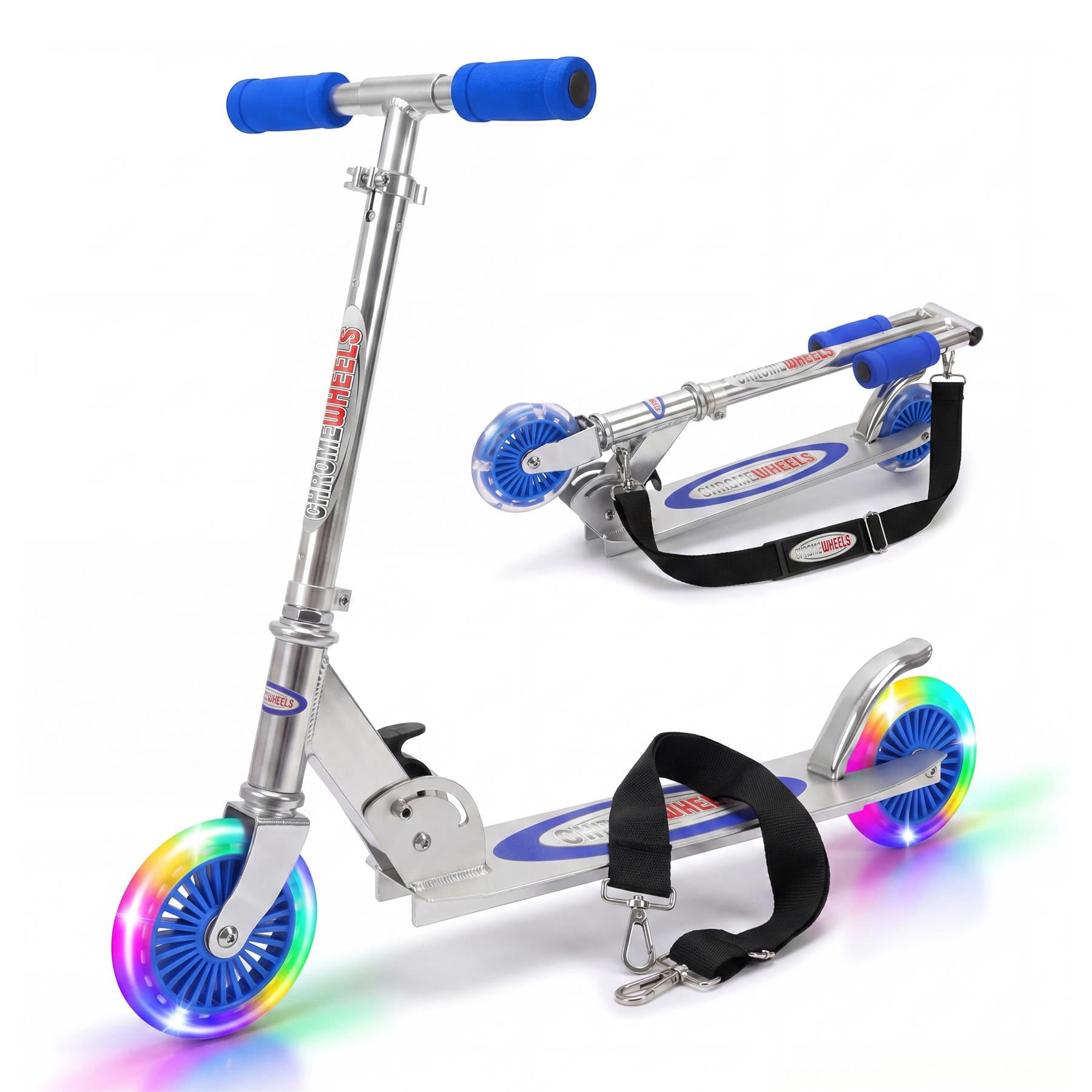 Silver scooter with blue handlebar grips, flashing LED wheels, and a separate blue accessory bar.
