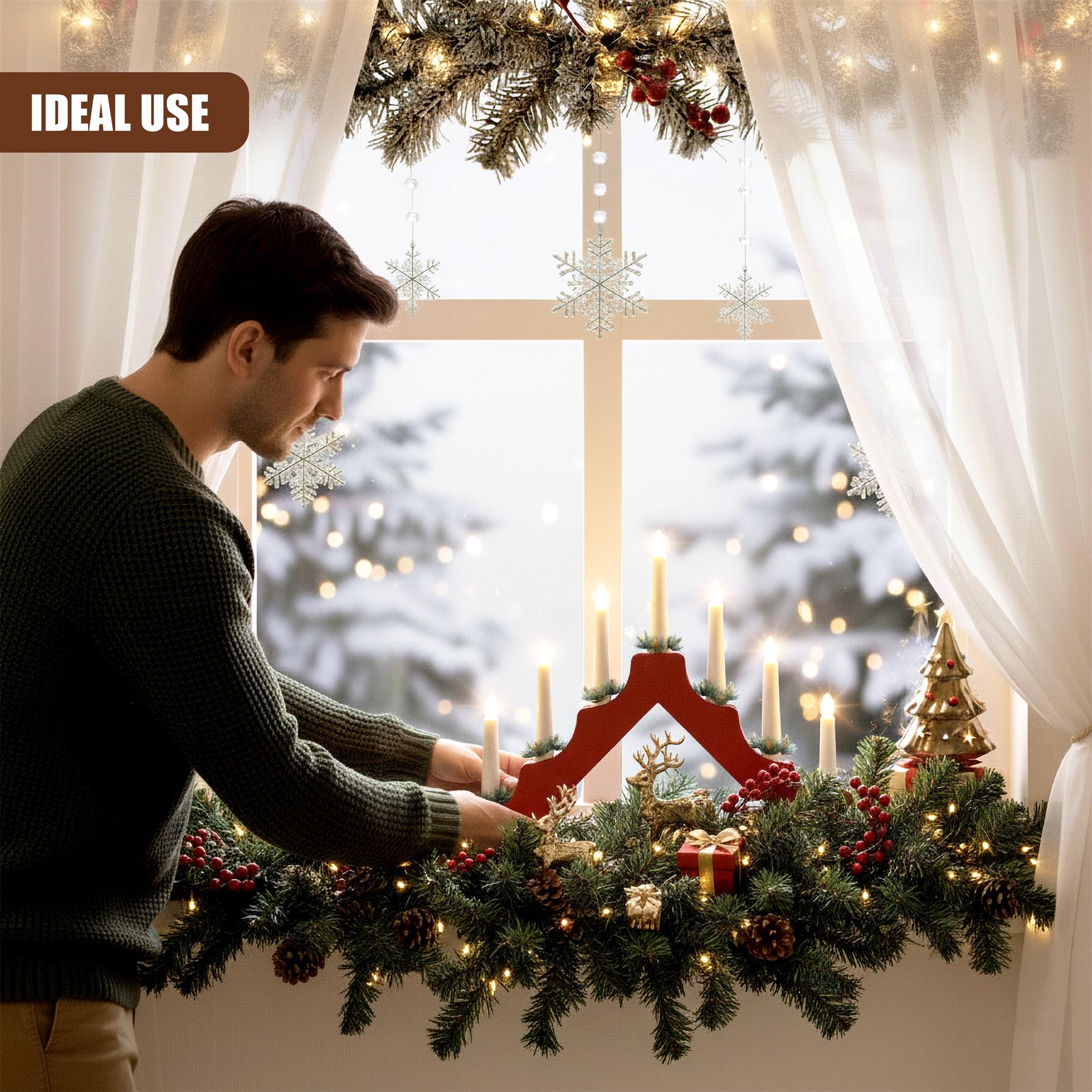 A man stands by a window, gazing out at a snowy winter landscape. He holds a festive candle holder, a wooden structure with five branches, each topped with a small pine tree. The candle holder is surrounded by a garland of evergreen branches, pinecones, and red berries. The man's face is not visible, but his body language suggests he is lost in thought. The scene is set against a snowy backdrop, with a few trees and a snow-covered mountain in the distance. The atmosphere is peaceful an… - The Magic Toy Shop