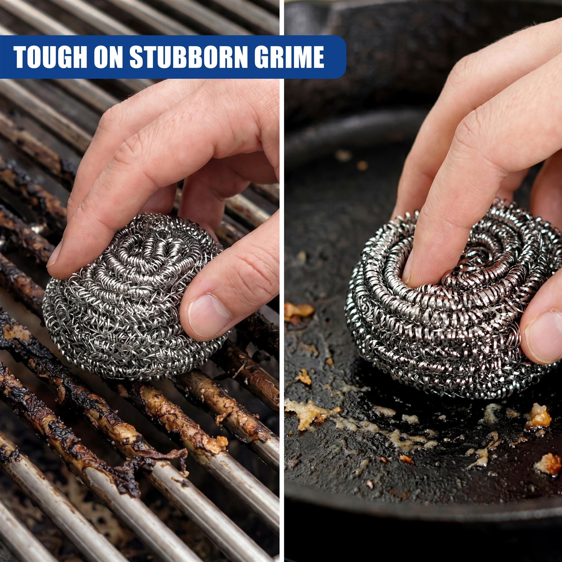 A hand holding a textured scourer cleans burnt food residue from a metal grill and pan.