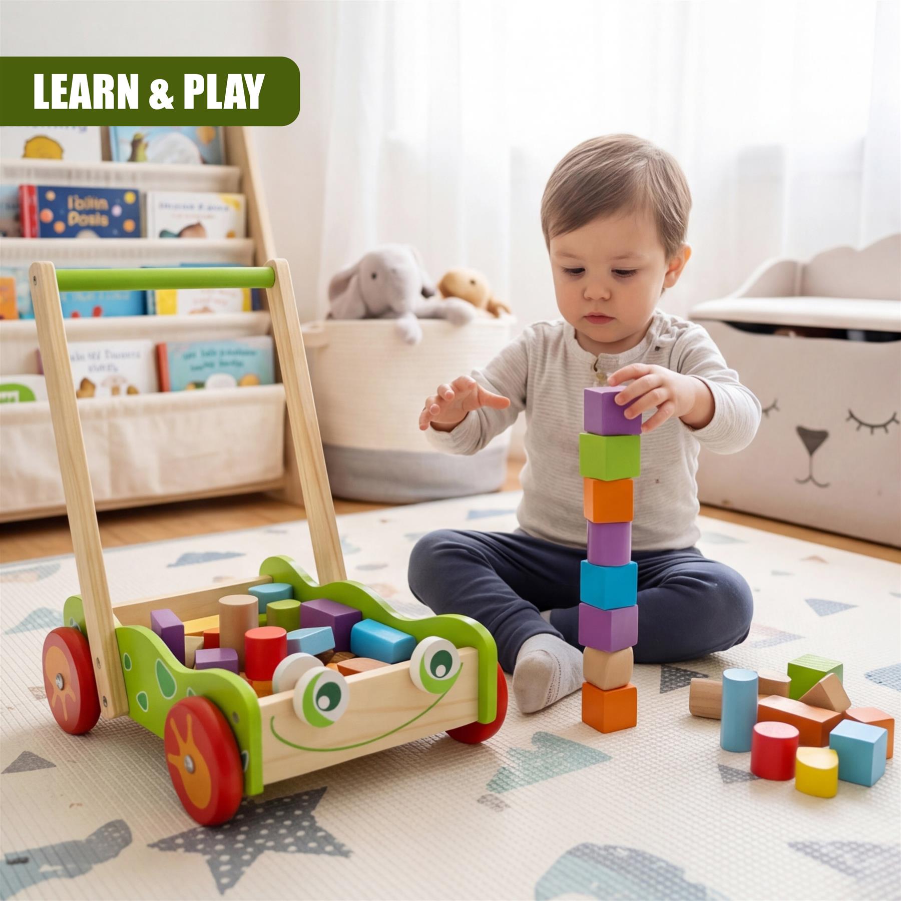 Child playing with a wooden walker and various stacked and scattered colored blocks on the floor.