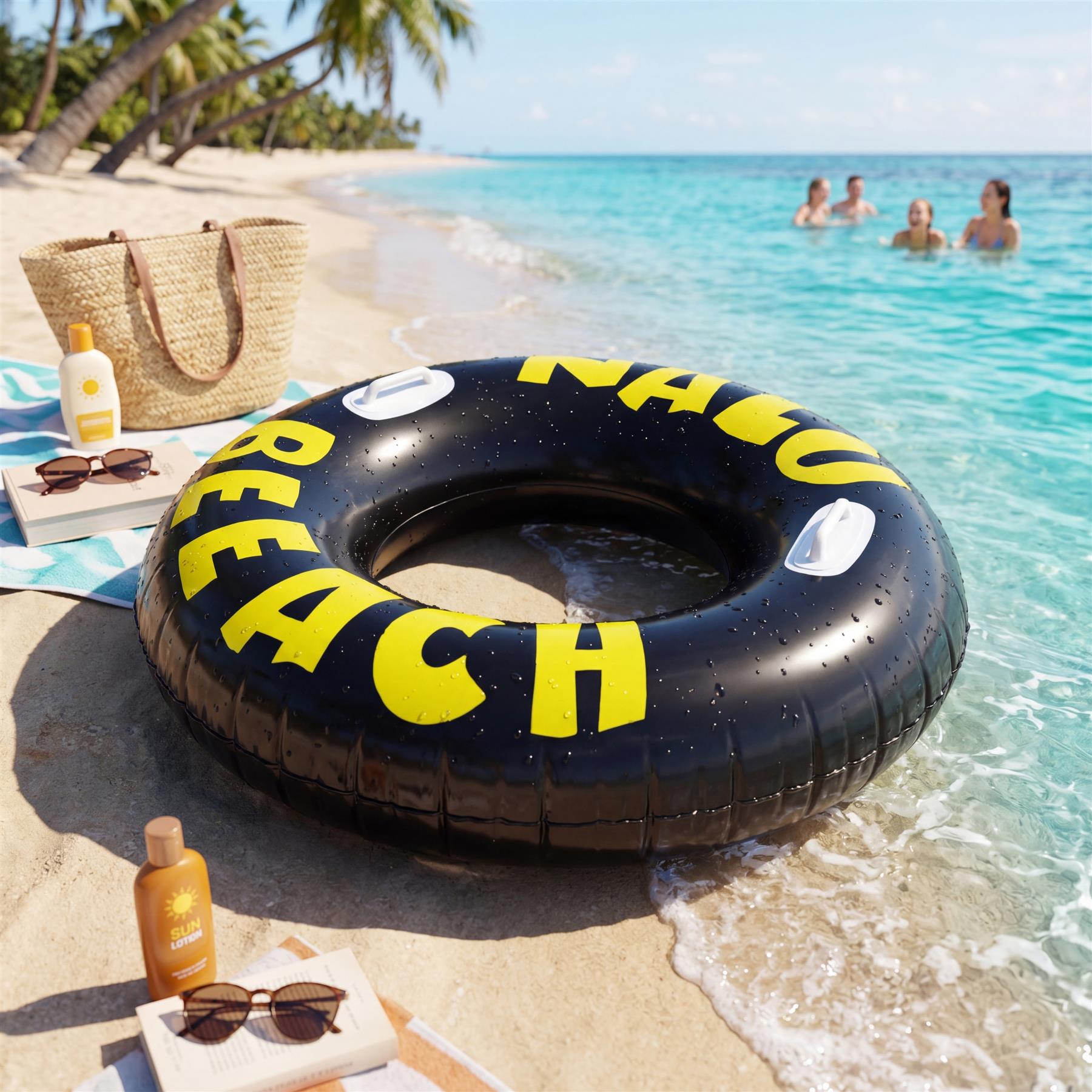 Black inflatable ring with yellow lettering on the side rests on the sandy beach.